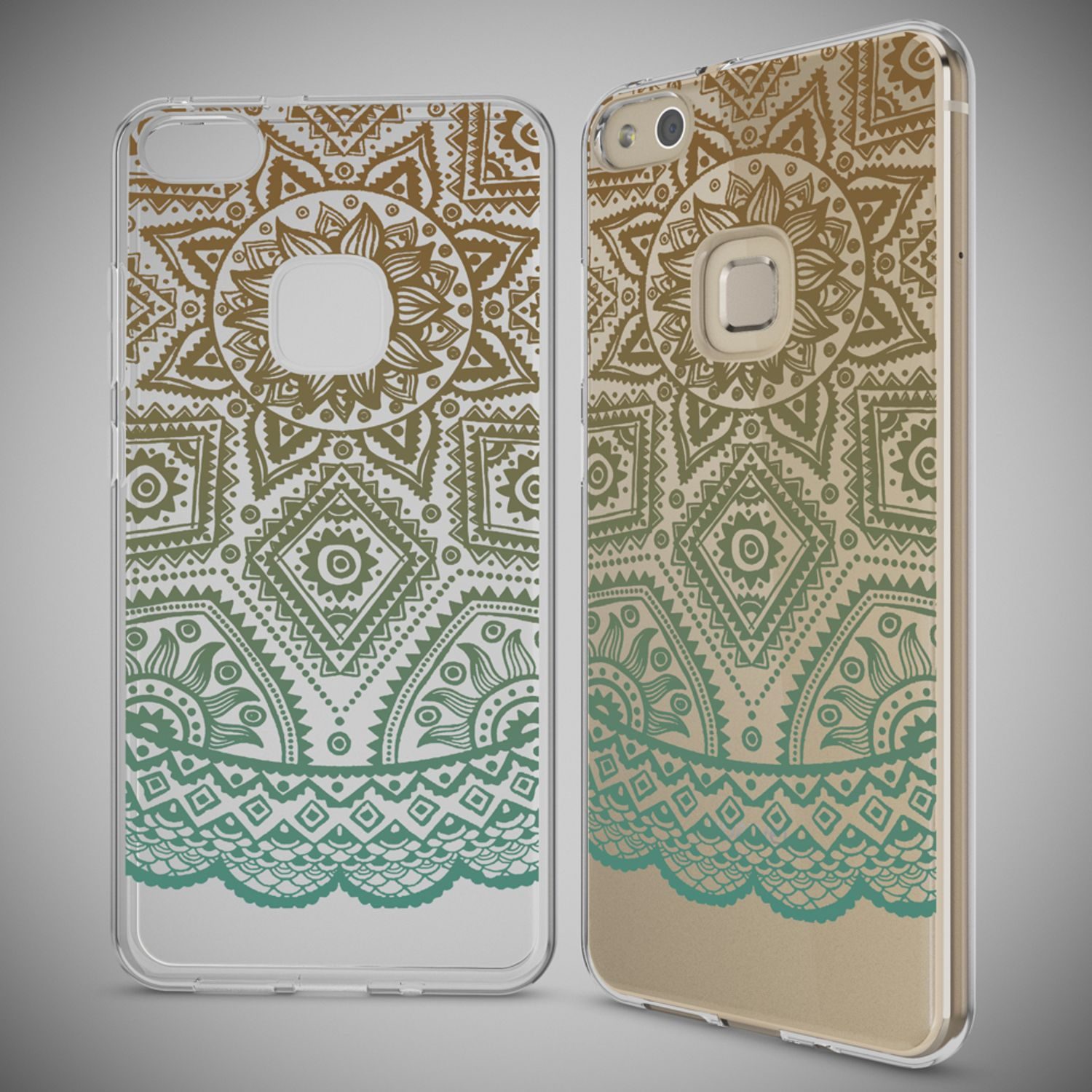 Due cover per telefono con motivo mandala marrone e verde su sfondo chiaro.