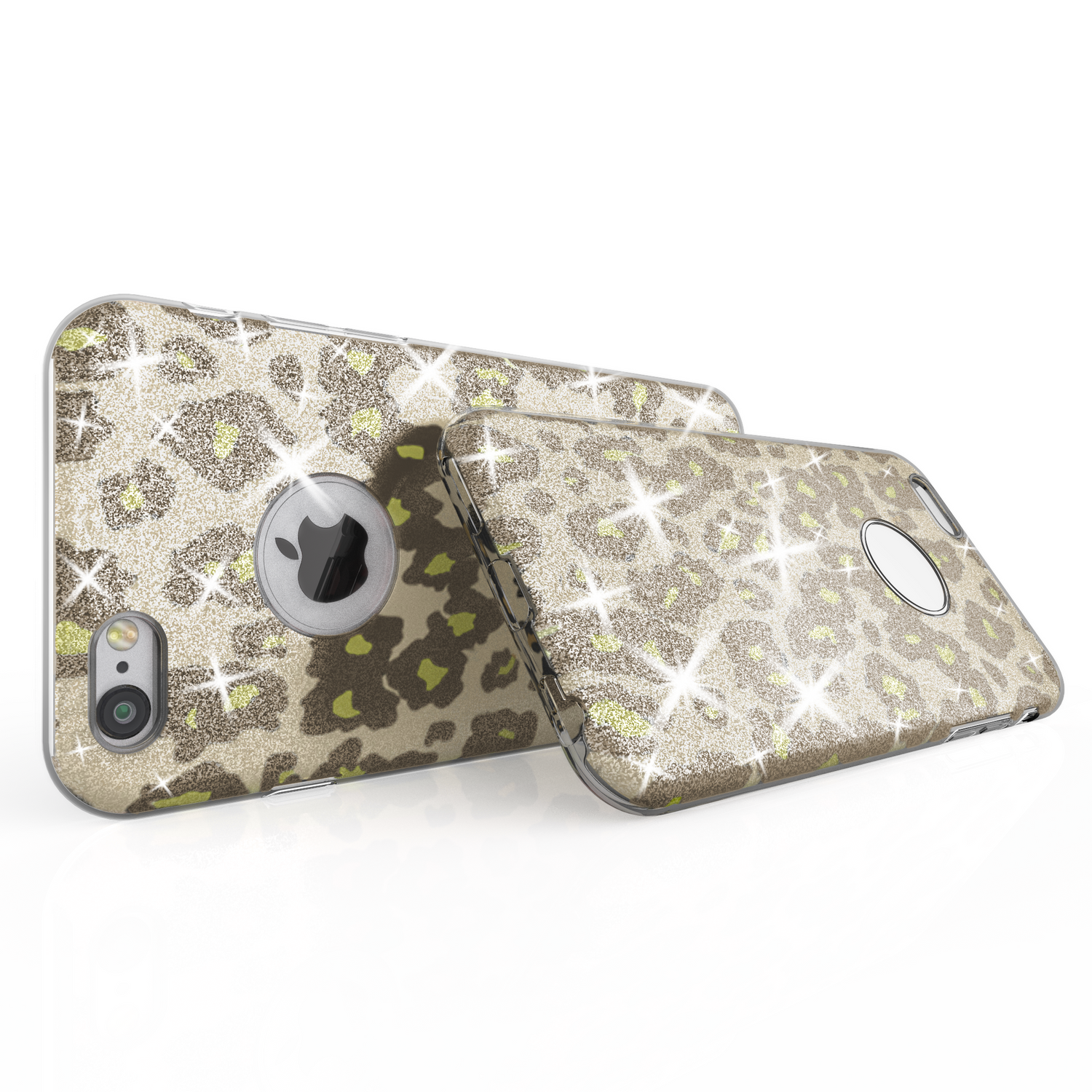 Zwei iPhone-Hüllen mit Leopardenmuster und Glitzer.