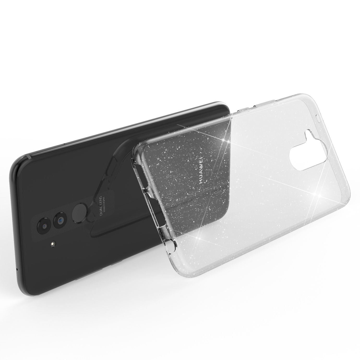 Ein schwarzes Smartphone mit Dual-Lens-Kamera und einer transparenten Hülle mit Glitzerpartikeln.