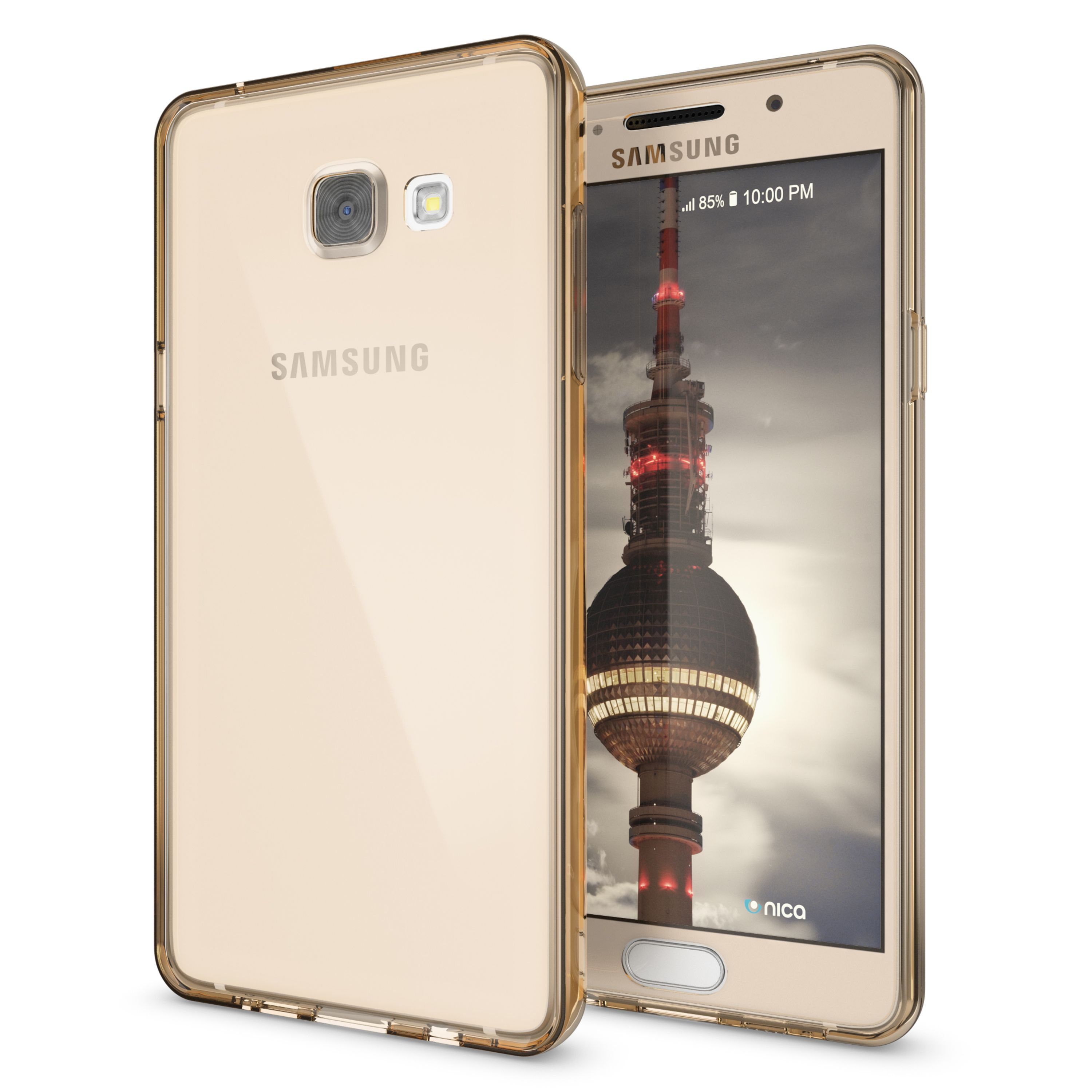 Ein goldener Samsung-Handyhülle mit einem Fernsehturm im Hintergrund.