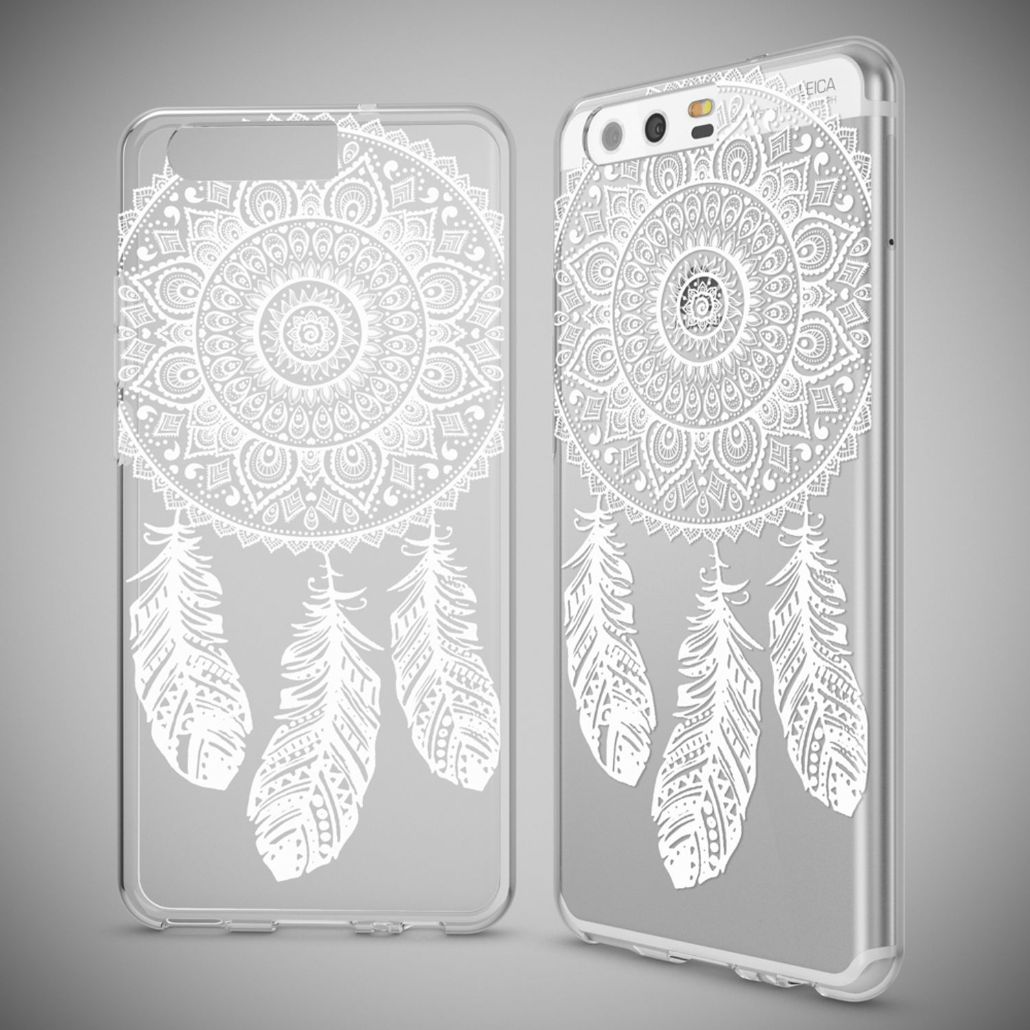 Cover trasparenti per telefono con disegno piuma e mandala.