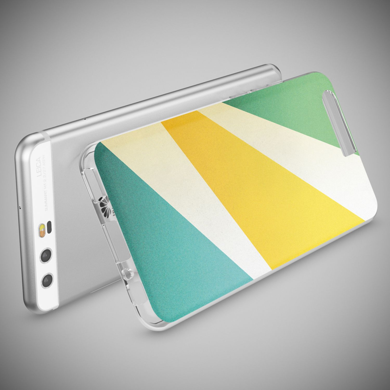 Uno smartphone con una custodia a strisce colorate poggia su uno sfondo grigio.