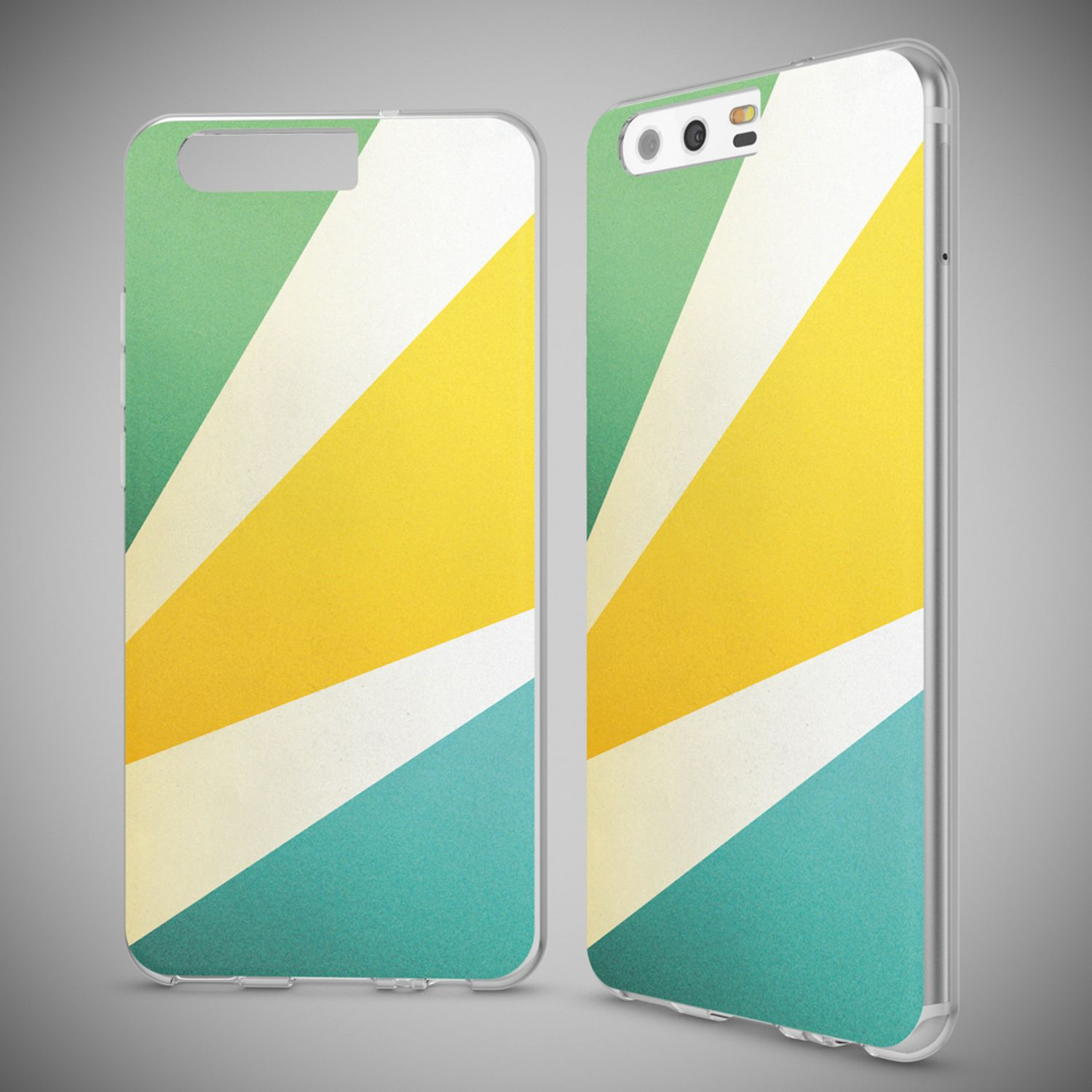 Due custodie per telefono con motivo geometrico in verde, giallo, bianco e turchese.