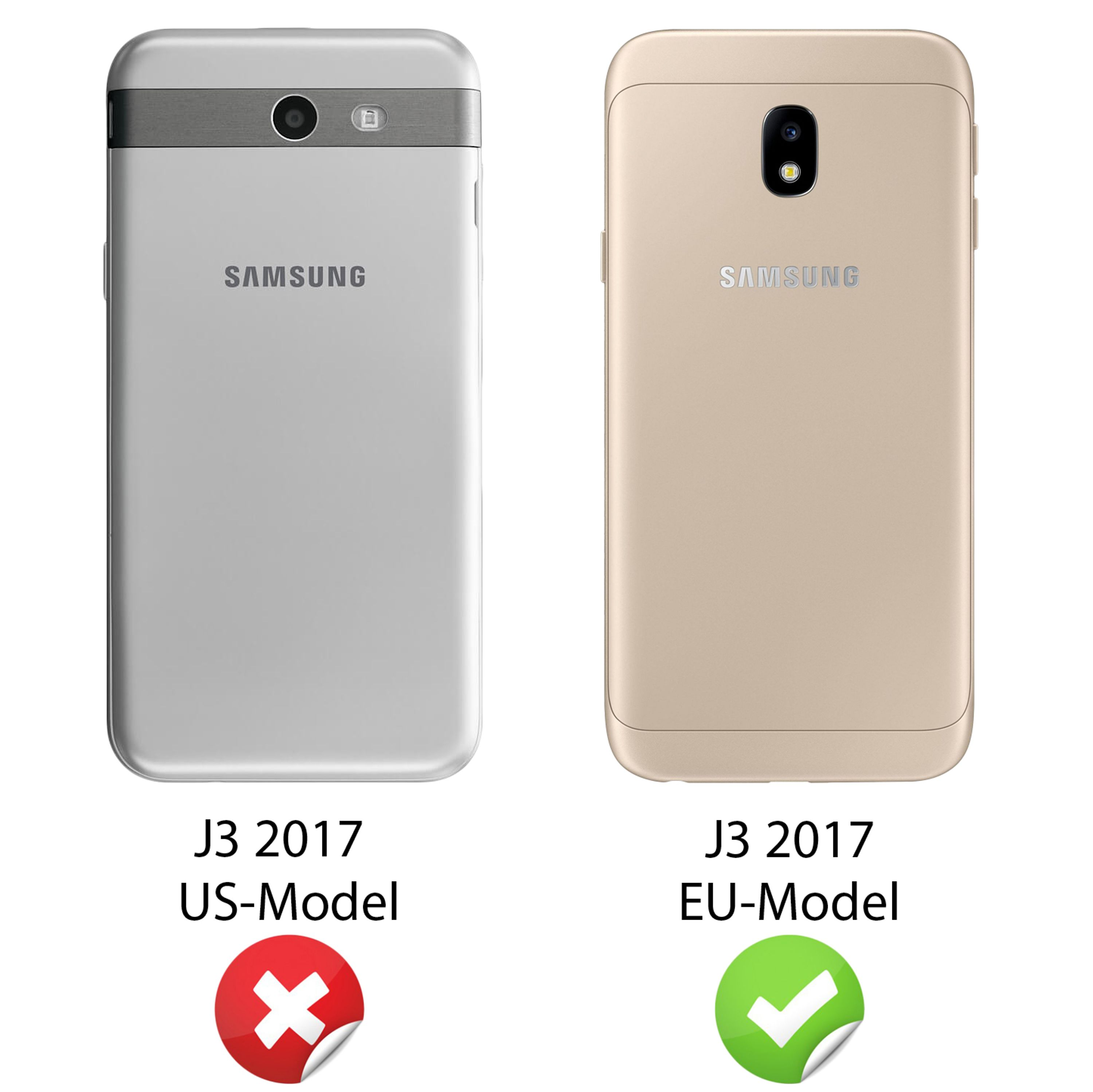 Zwei Samsung J3 2017 Handys: US-Modell (silber) mit rotem X, EU-Modell (gold) mit grünem Haken.