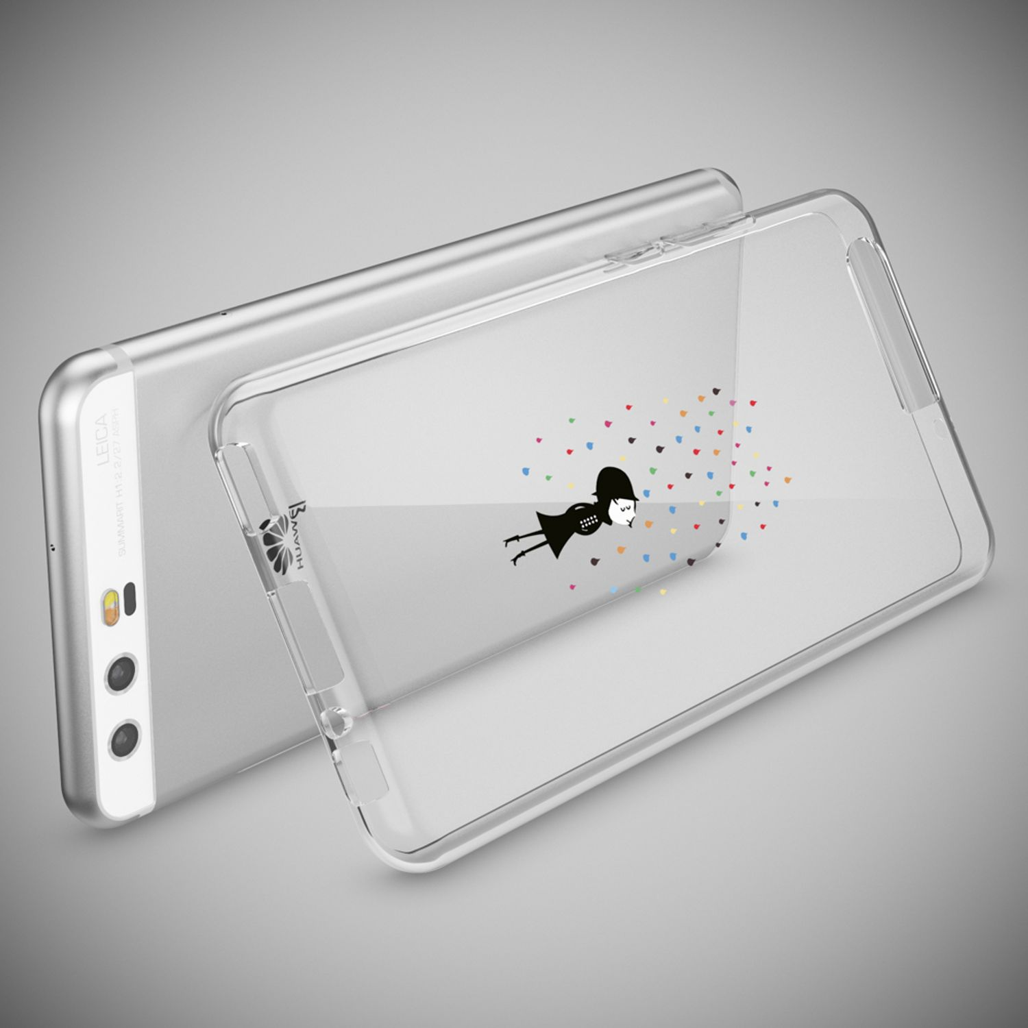 Smartphone argentato con custodia trasparente che mostra una ragazza che lancia cuori colorati.