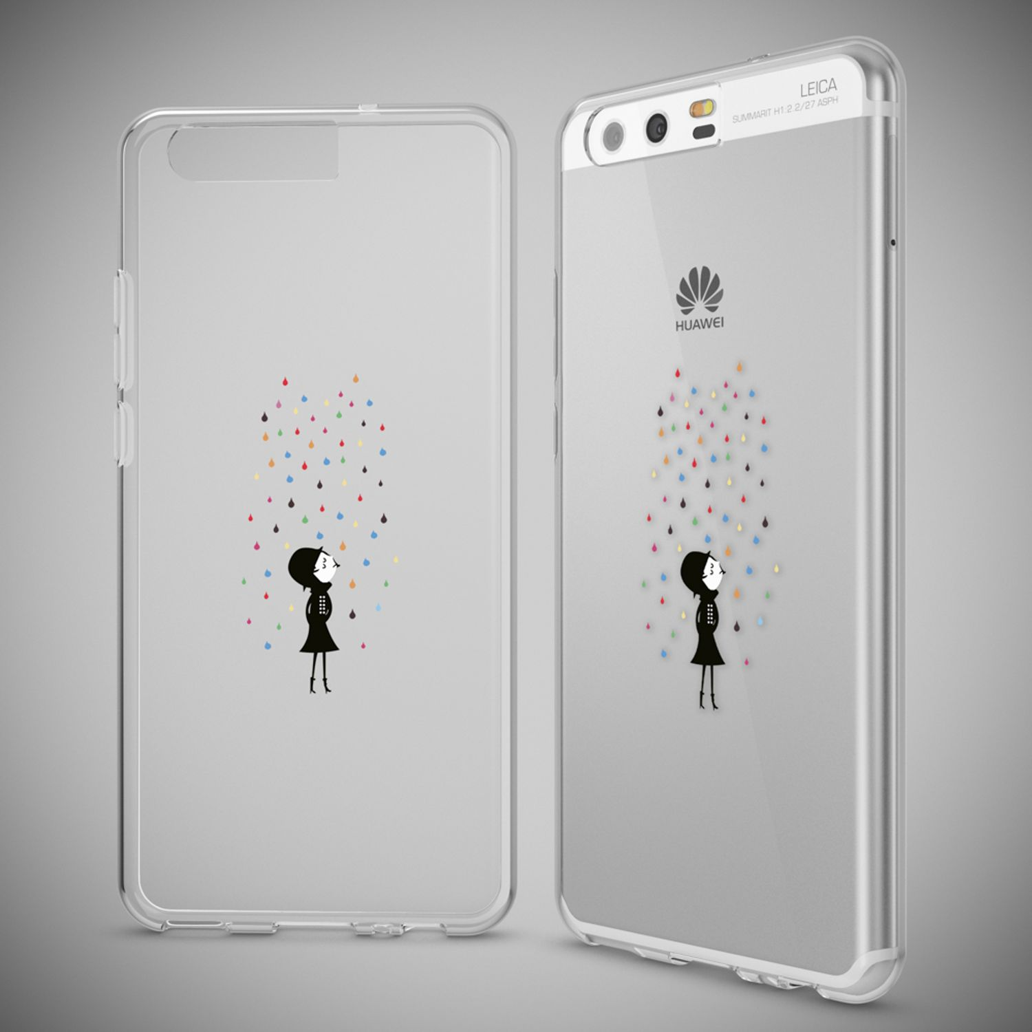 Un telefono Huawei in una custodia trasparente con un cartone animato e gocce di pioggia colorate.