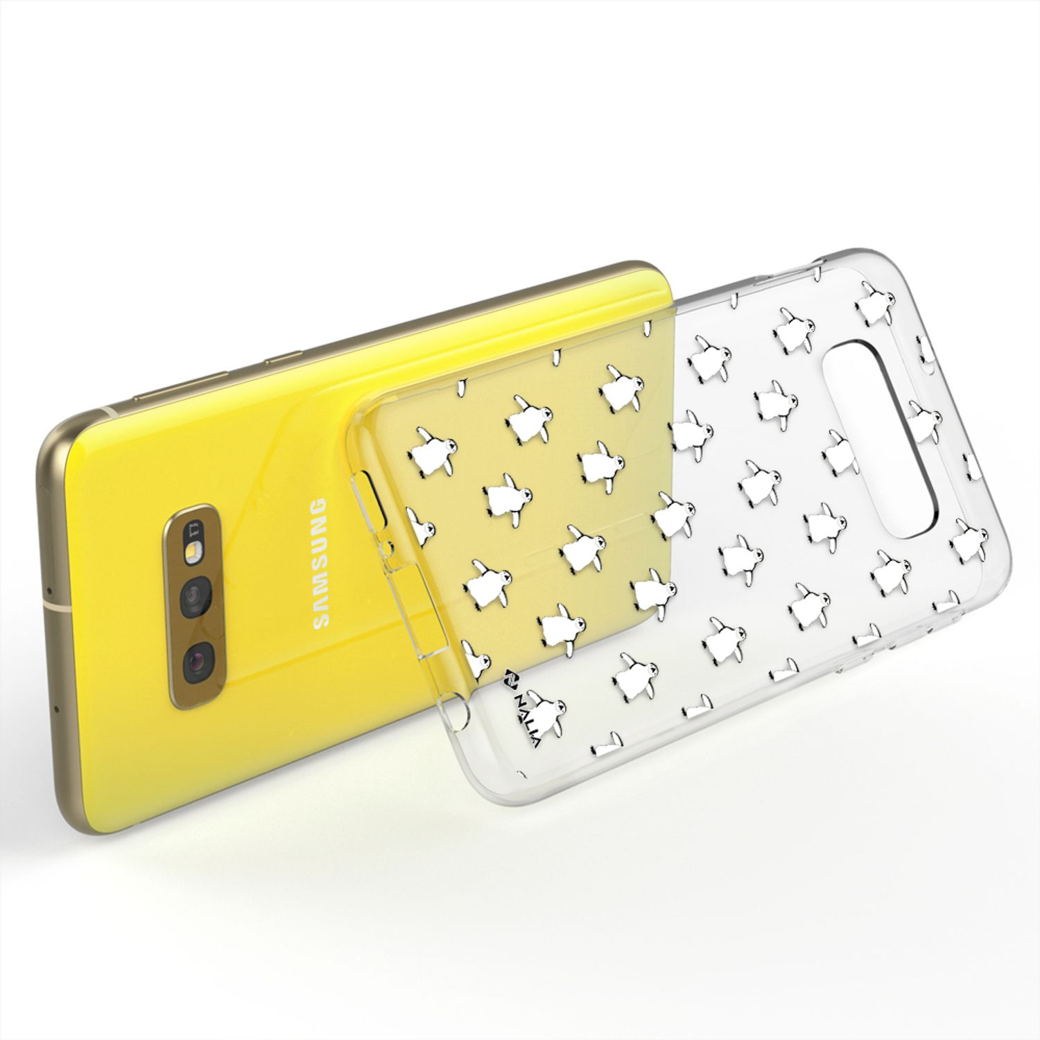 Gelbes Samsung-Smartphone mit transparentem Hülle mit Pinguin-Muster