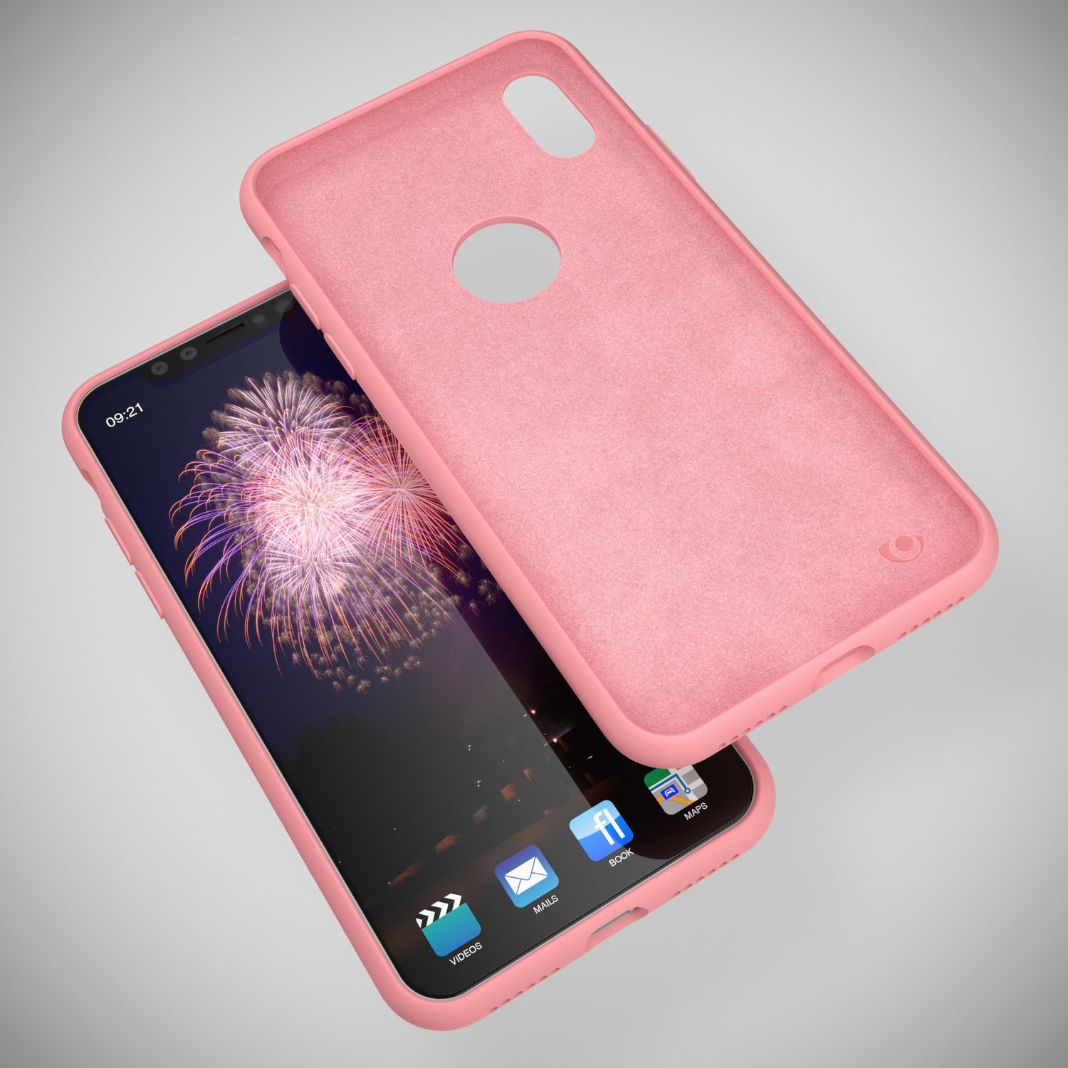Ein rosafarbenes Handy mit einer Hülle, die daneben liegt. Der Bildschirm zeigt Feuerwerk.