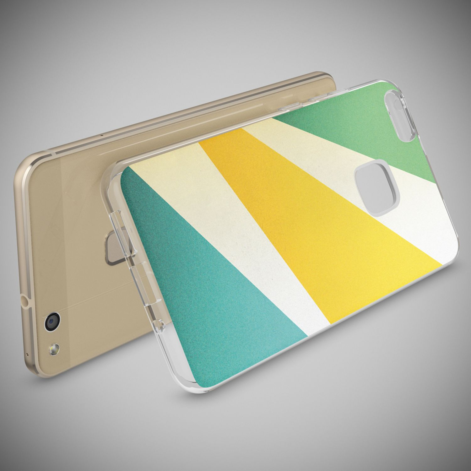 Uno smartphone dorato con cover trasparente a fantasia geometrica blu, gialla e bianca.
