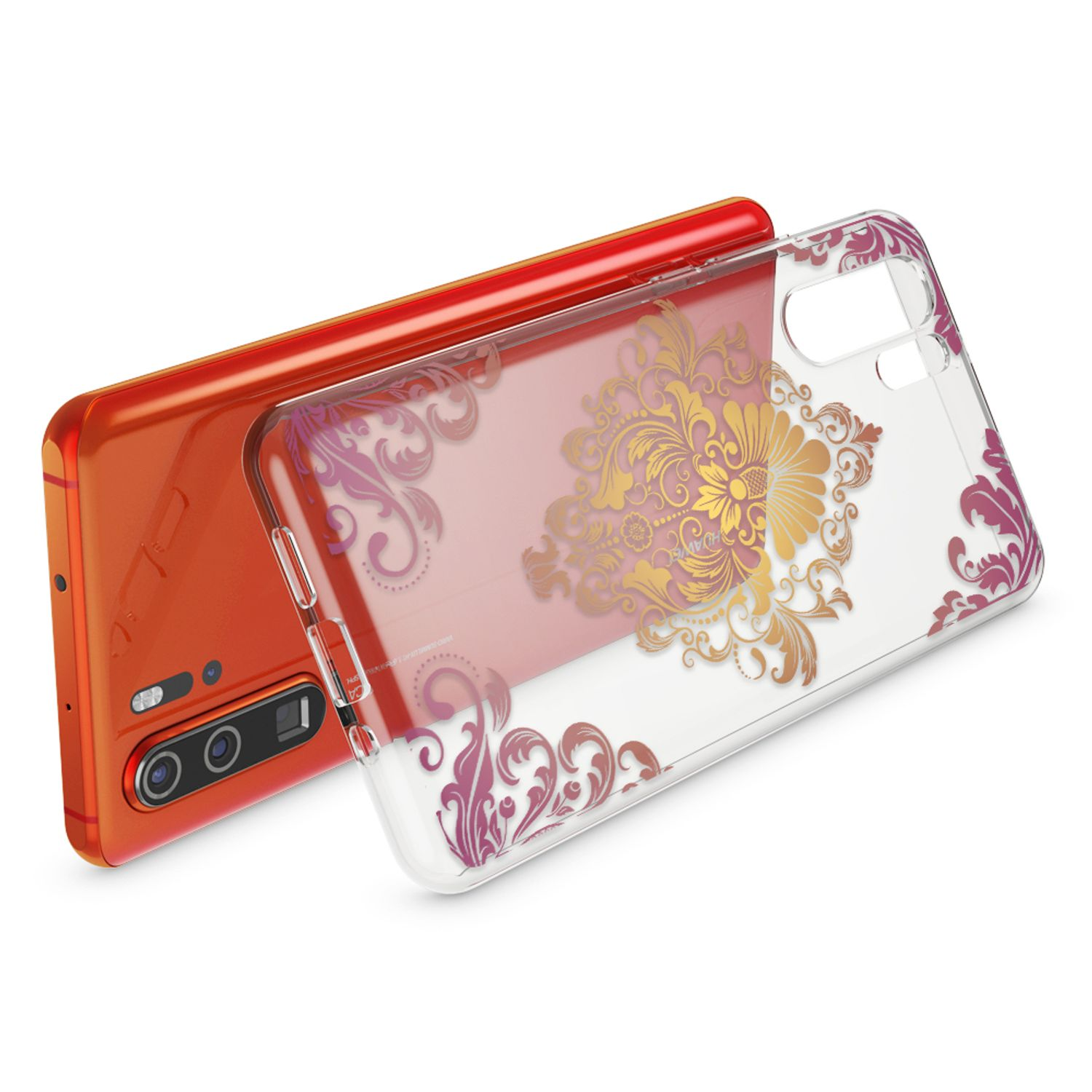 Orangenes Smartphone mit durchsichtiger Hülle mit Blumenmuster. Dual-Rückkameras sichtbar.