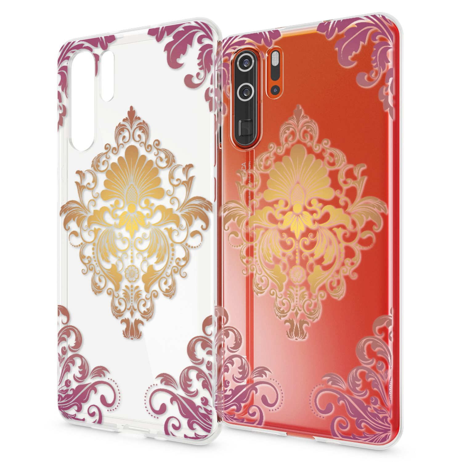 Zwei Handyhüllen mit goldenen und lila Ornamenten auf weißem und rotem Hintergrund.