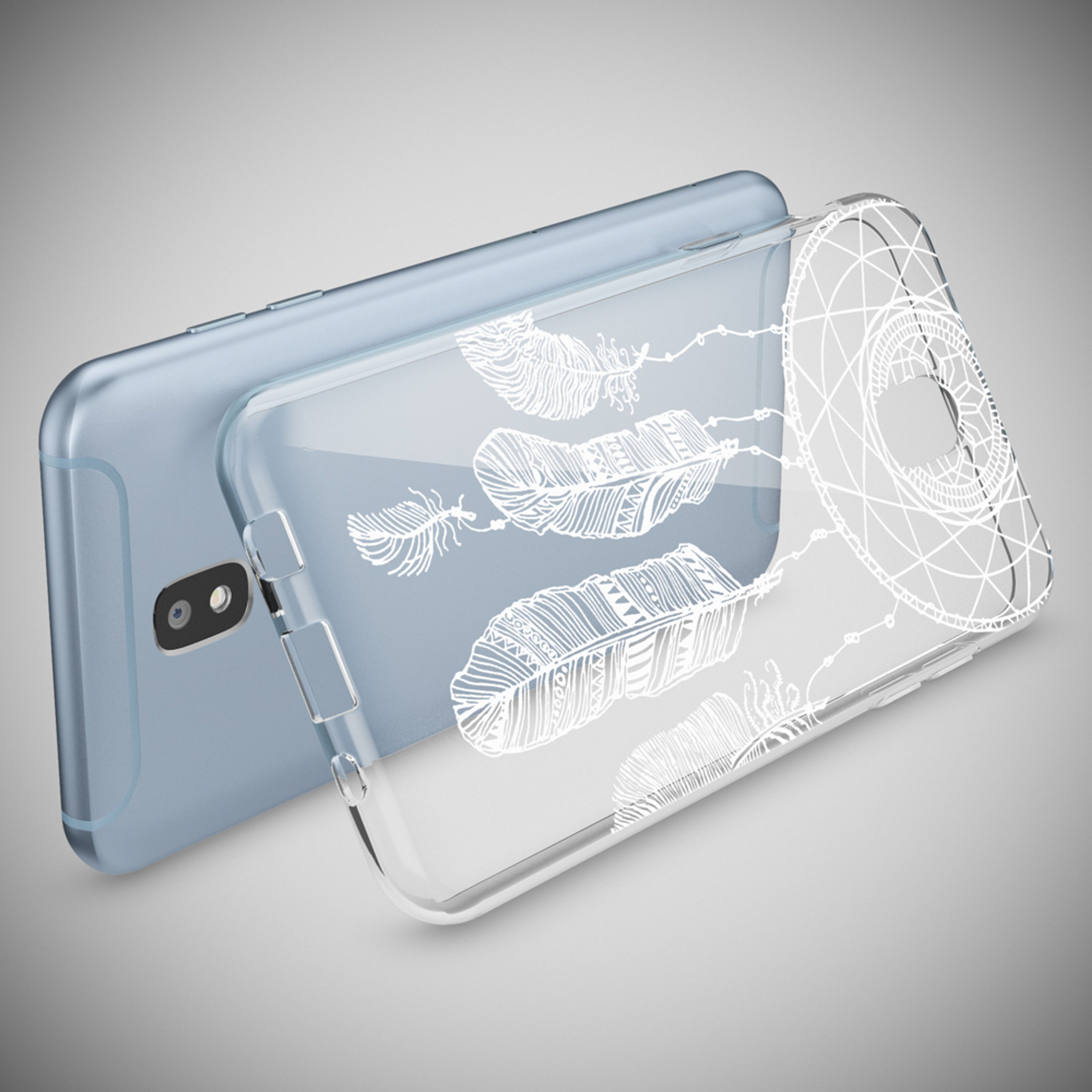 Ein durchsichtiges Handyhülle mit Federn und Traumfänger-Design auf einem hellblauen Handy.