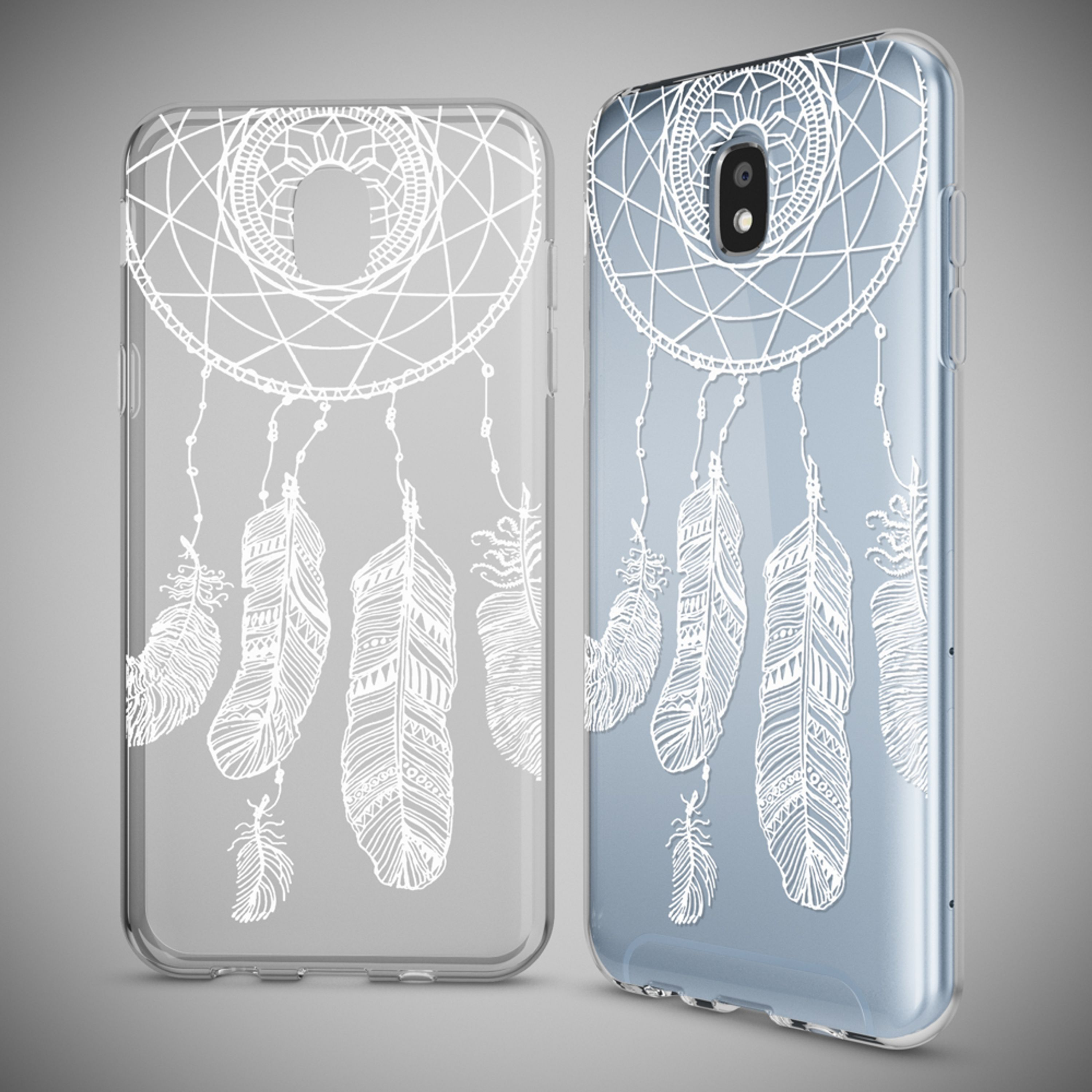 Zwei durchsichtige Handyhüllen mit weißem Feder-Design auf grauem Hintergrund.