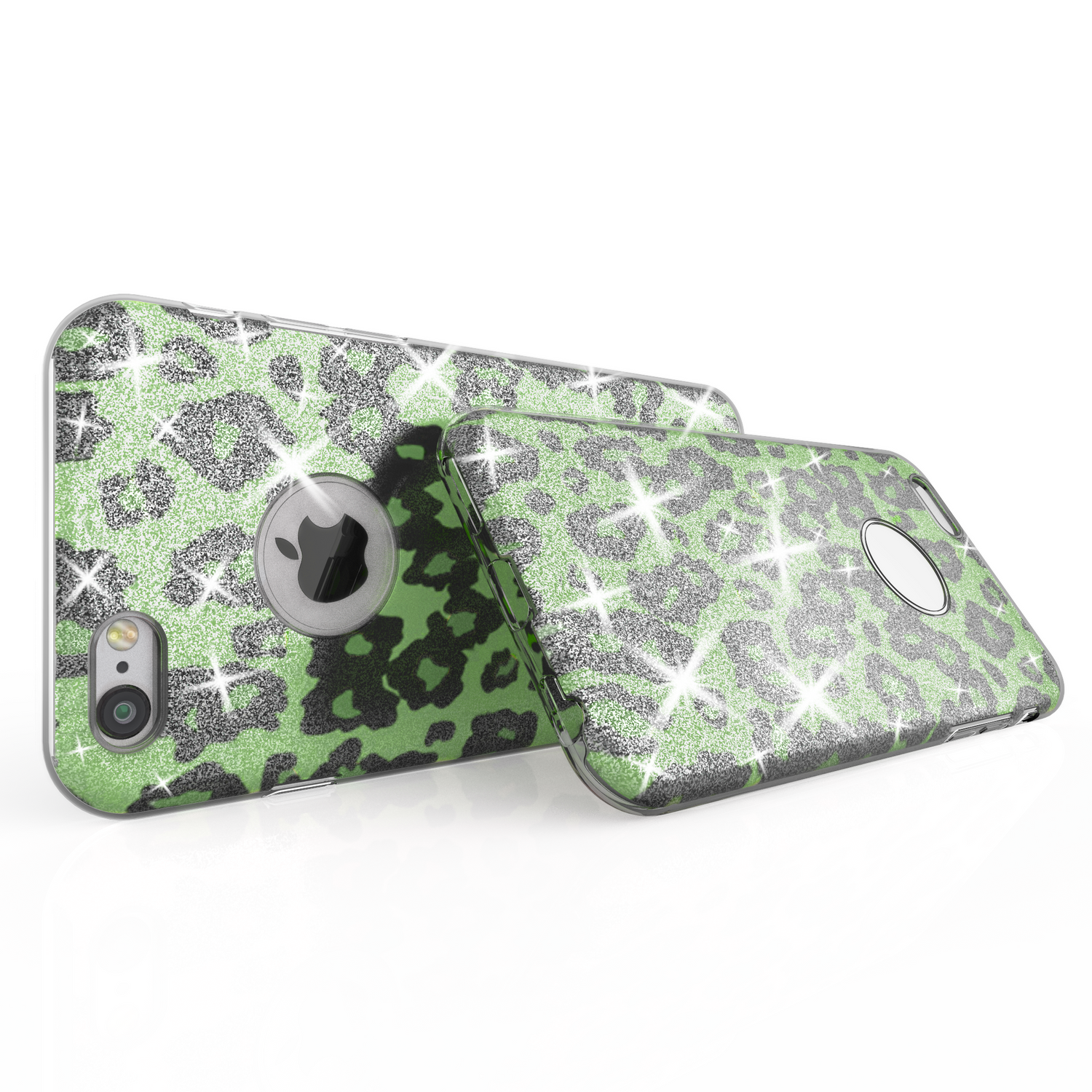 Grüne Leopard-Print Handyhülle mit Glitzer und Kameraaussparung.