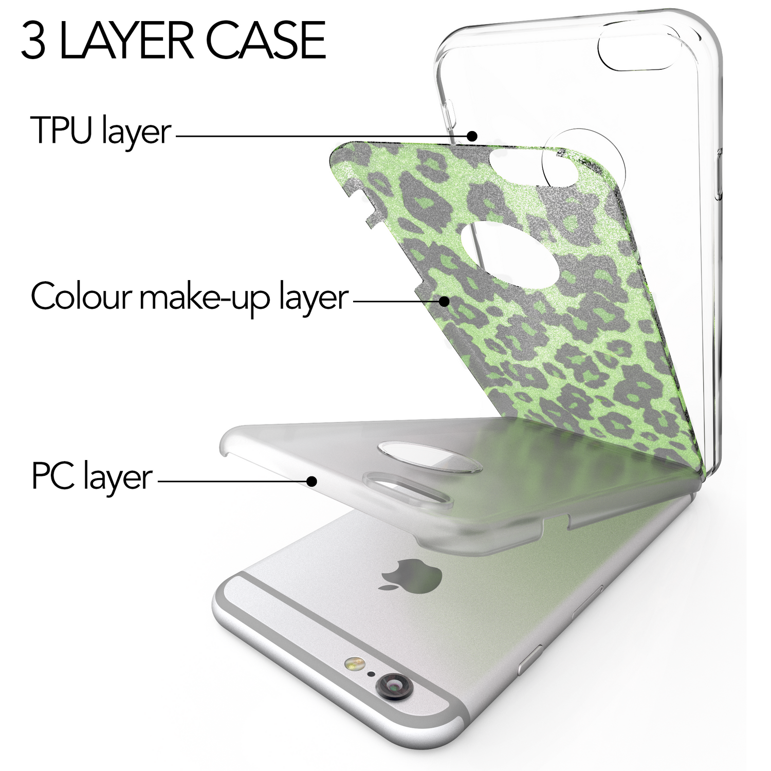3-lagige Handyhülle: TPU, Farb-Make-up-Schicht mit Leopardenmuster, PC-Schicht.