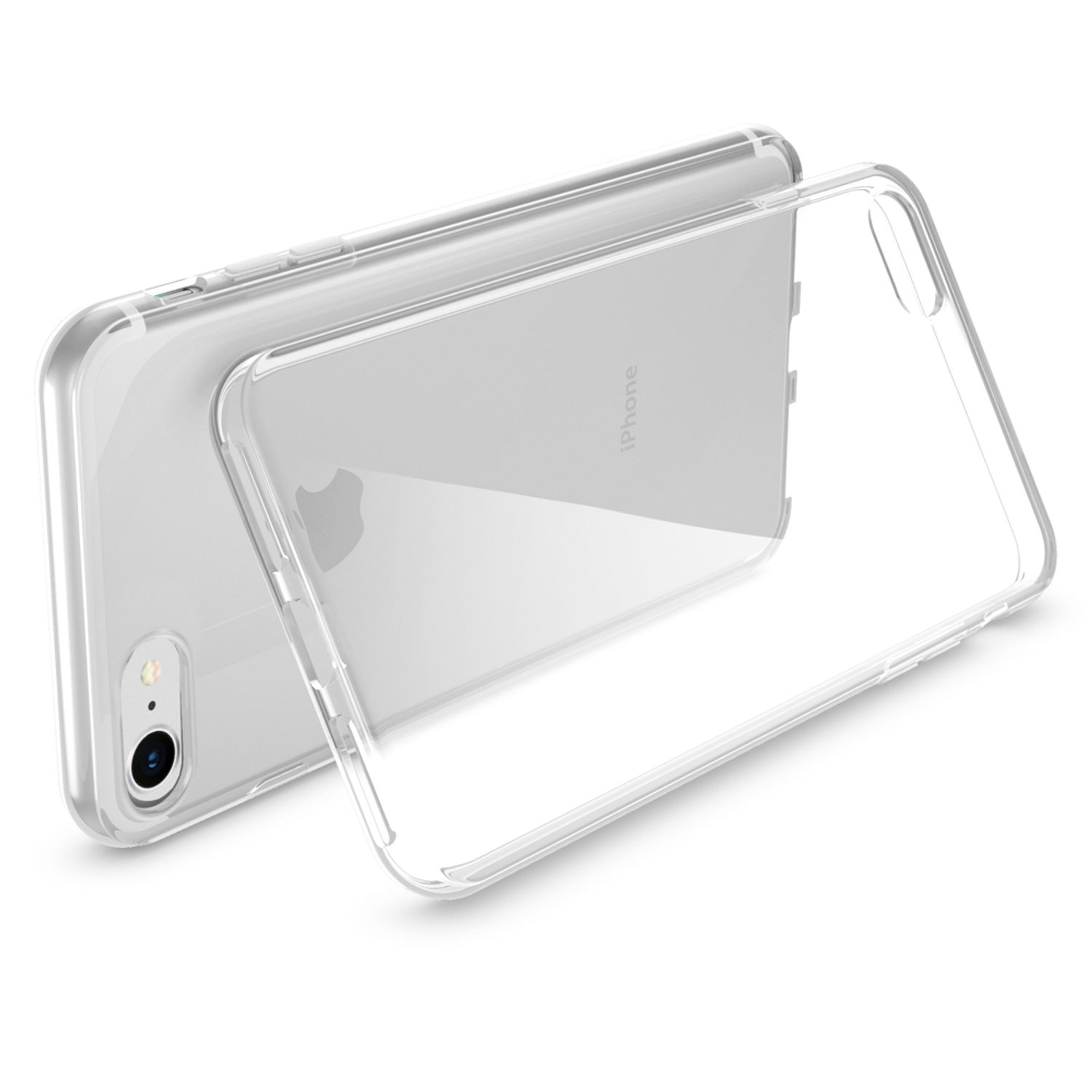 Eine durchsichtige iPhone-Hülle ist abgebildet. Das Handy liegt auf dem Rücken, die Hülle teilweise angebracht.