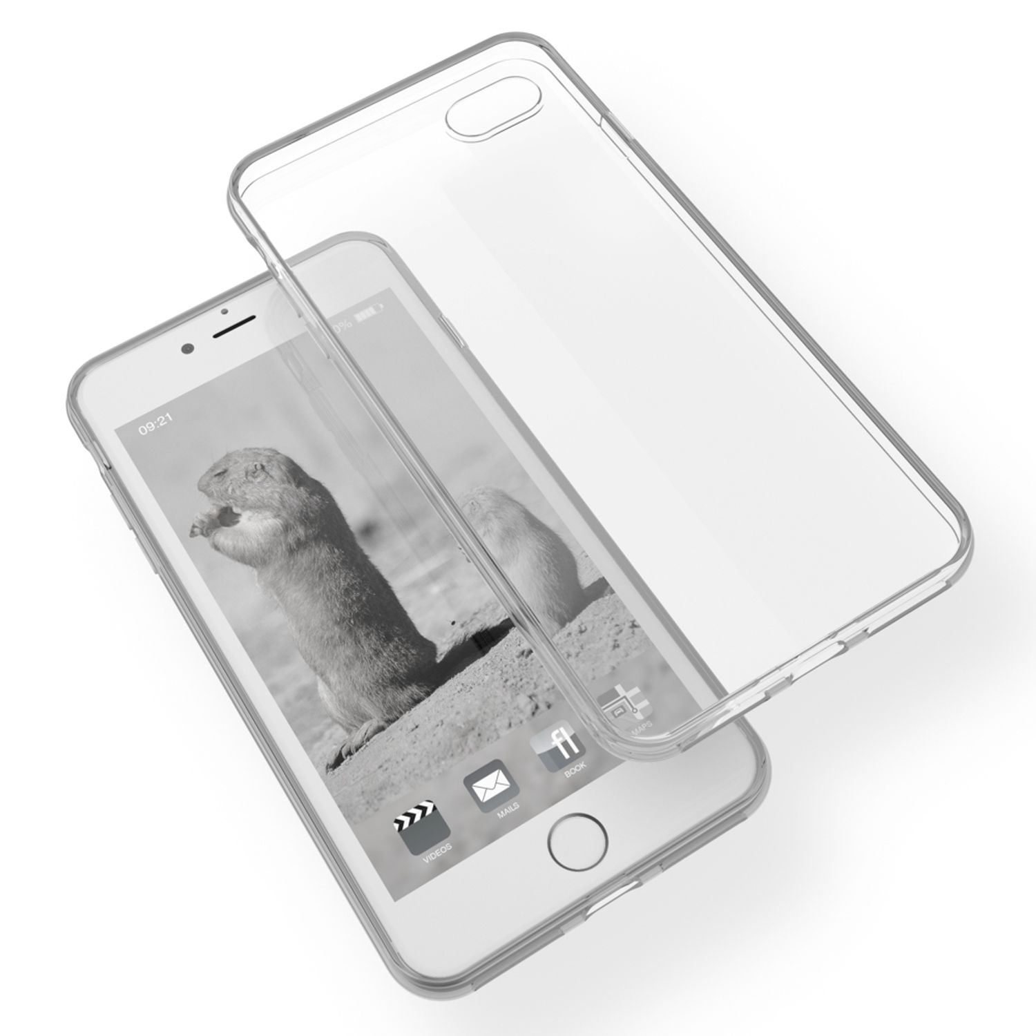 Ein transparentes Handycover liegt über einem Smartphone mit einem Erdmännchen-Hintergrund.