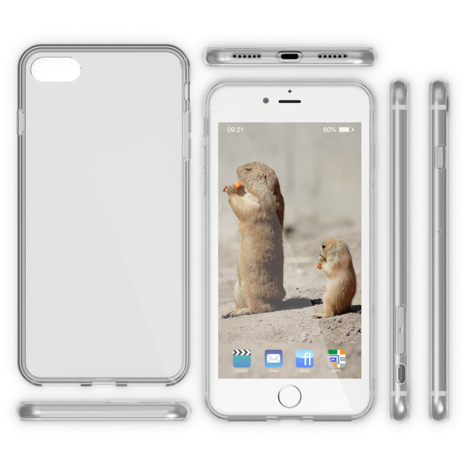 Ein Smartphone mit einem transparenten Gehäuse und einem Hintergrundbild von zwei Präriehunden, die Karotten essen.