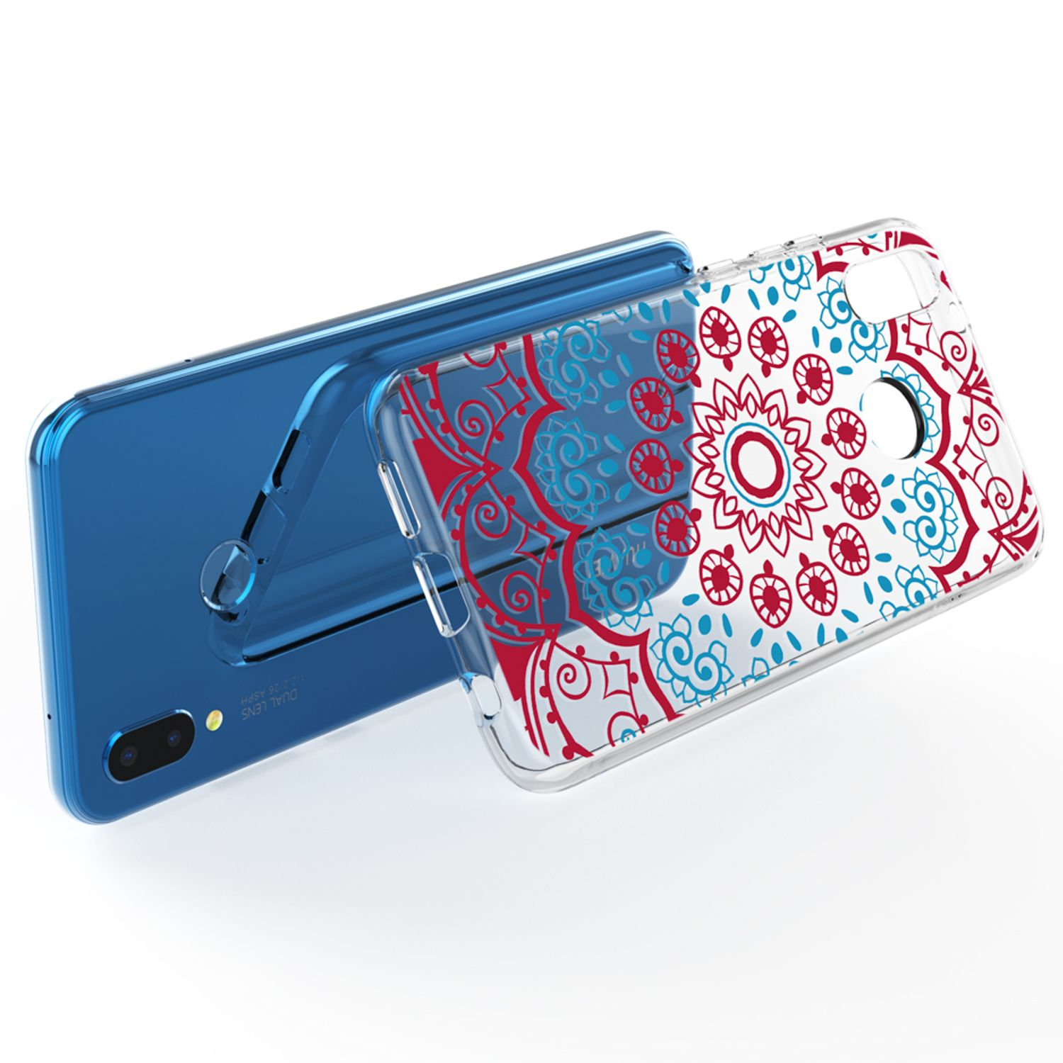 Ein blaues Smartphone mit einer durchsichtigen Hülle mit roten und blauen Mandala-Mustern.