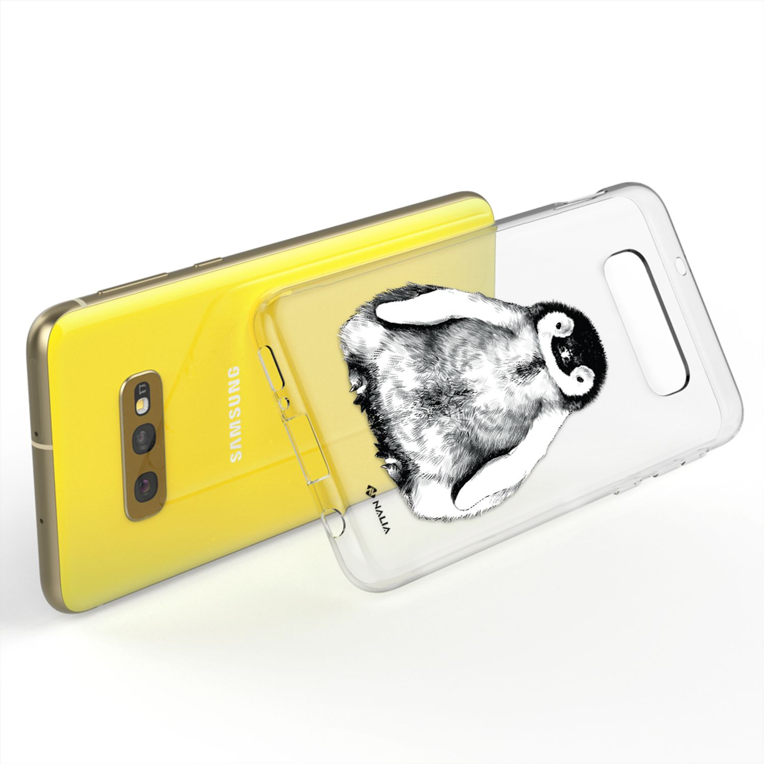 Ein gelbes Samsung-Handy mit einer durchsichtigen Hülle mit Baby-Pinguin-Illustration.