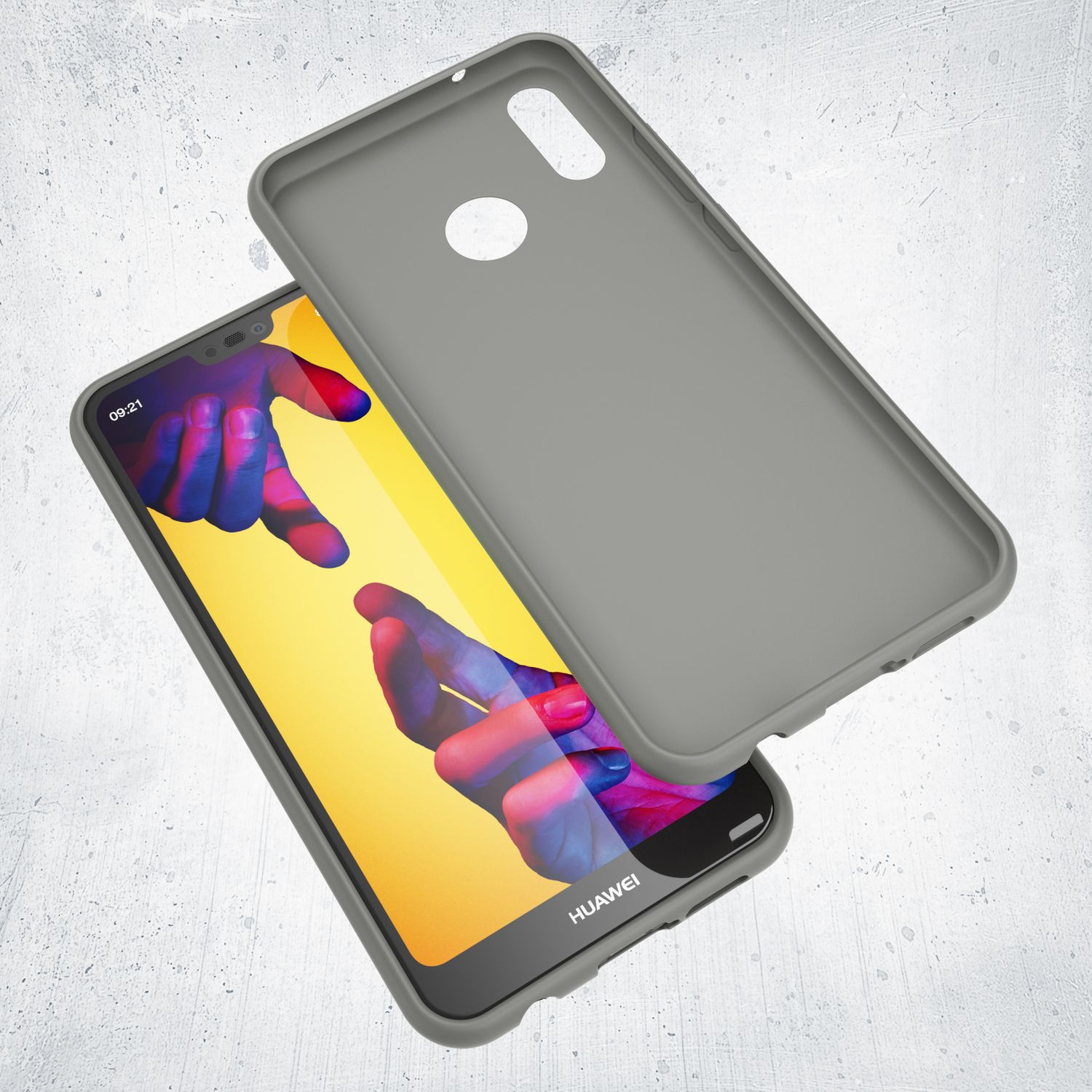 Graue Handyhülle über einem Smartphone mit zwei sich berührenden Fingern auf dem Bildschirm.