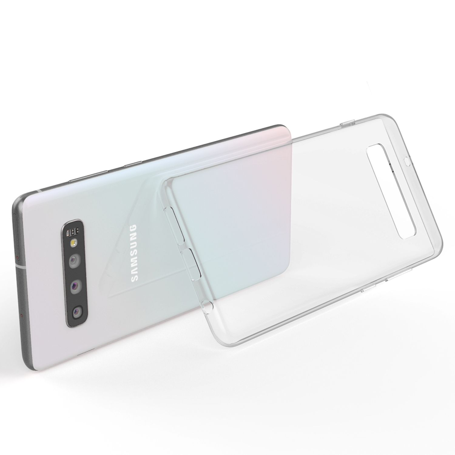 Una funda transparente para teléfono yace junto a un smartphone Samsung blanco.