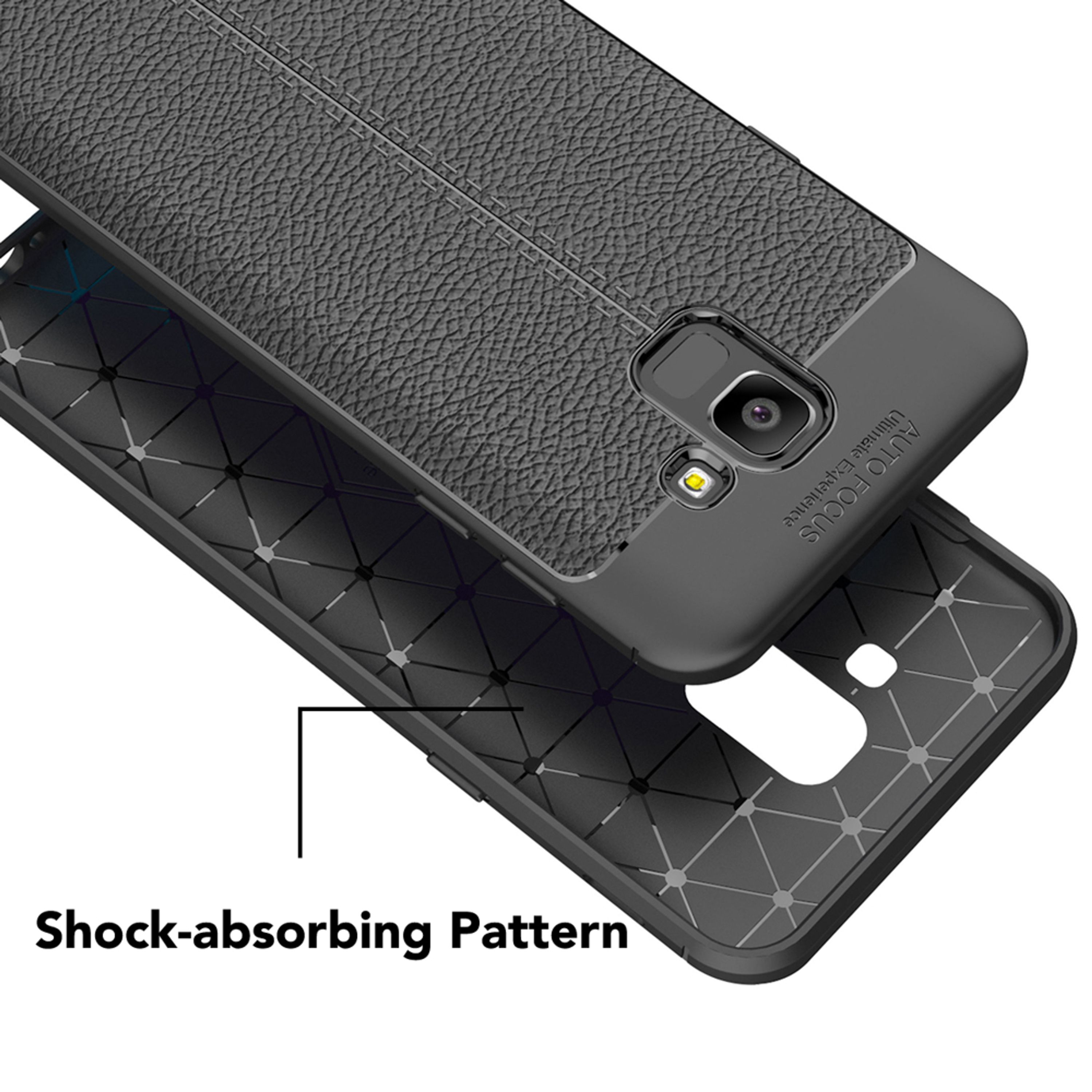 Schwarze Handyhülle mit Lederstruktur und "Shock-absorbing Pattern"-Aufdruck.