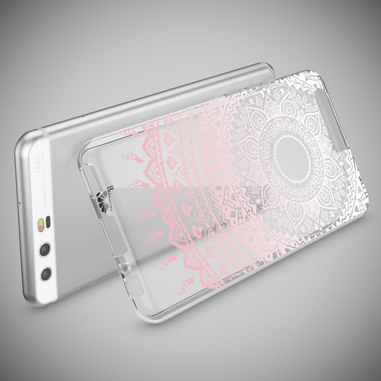 Uno smartphone argentato con cover trasparente a fantasia mandala.