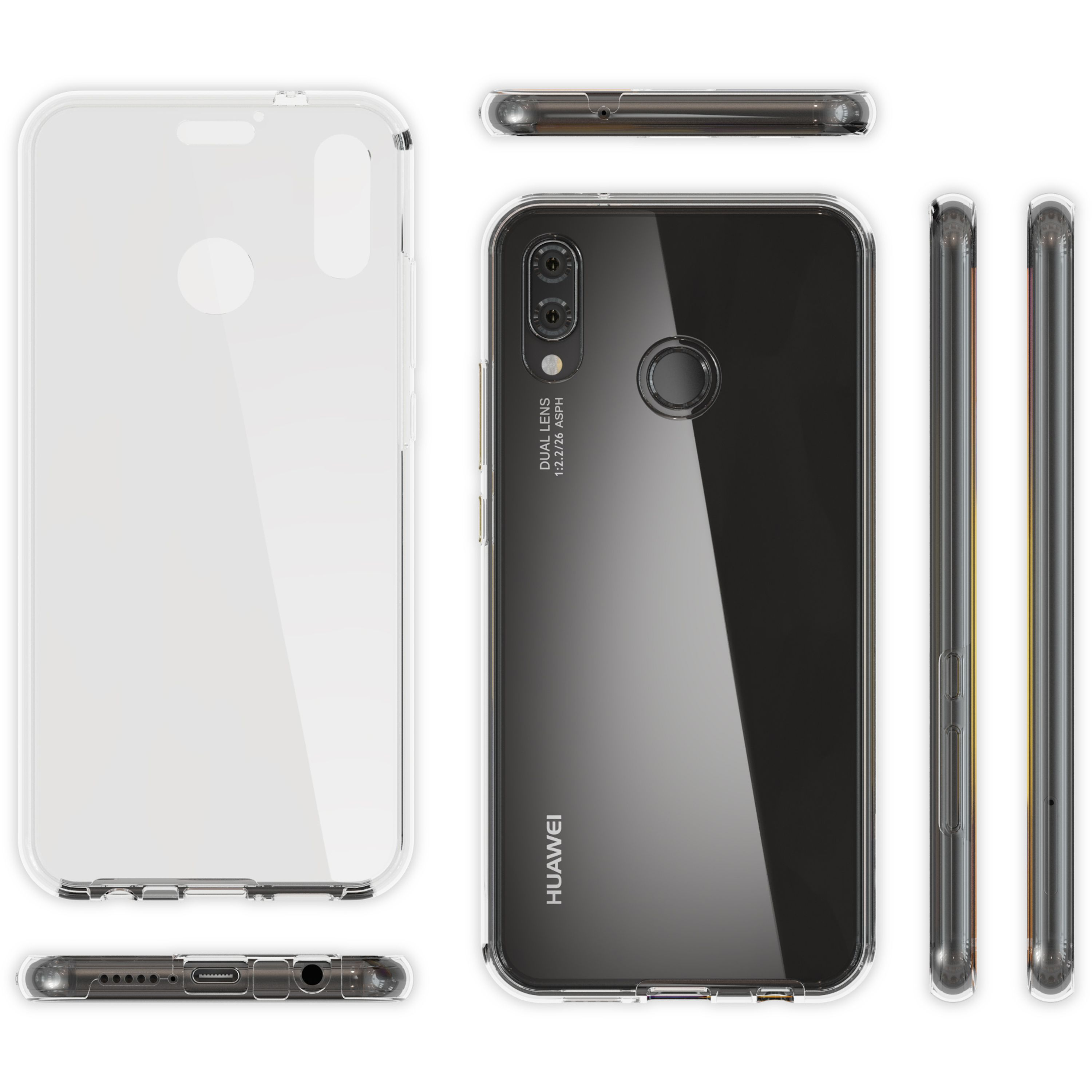 Transparente Handyhülle für ein Huawei-Smartphone, verschiedene Ansichten.