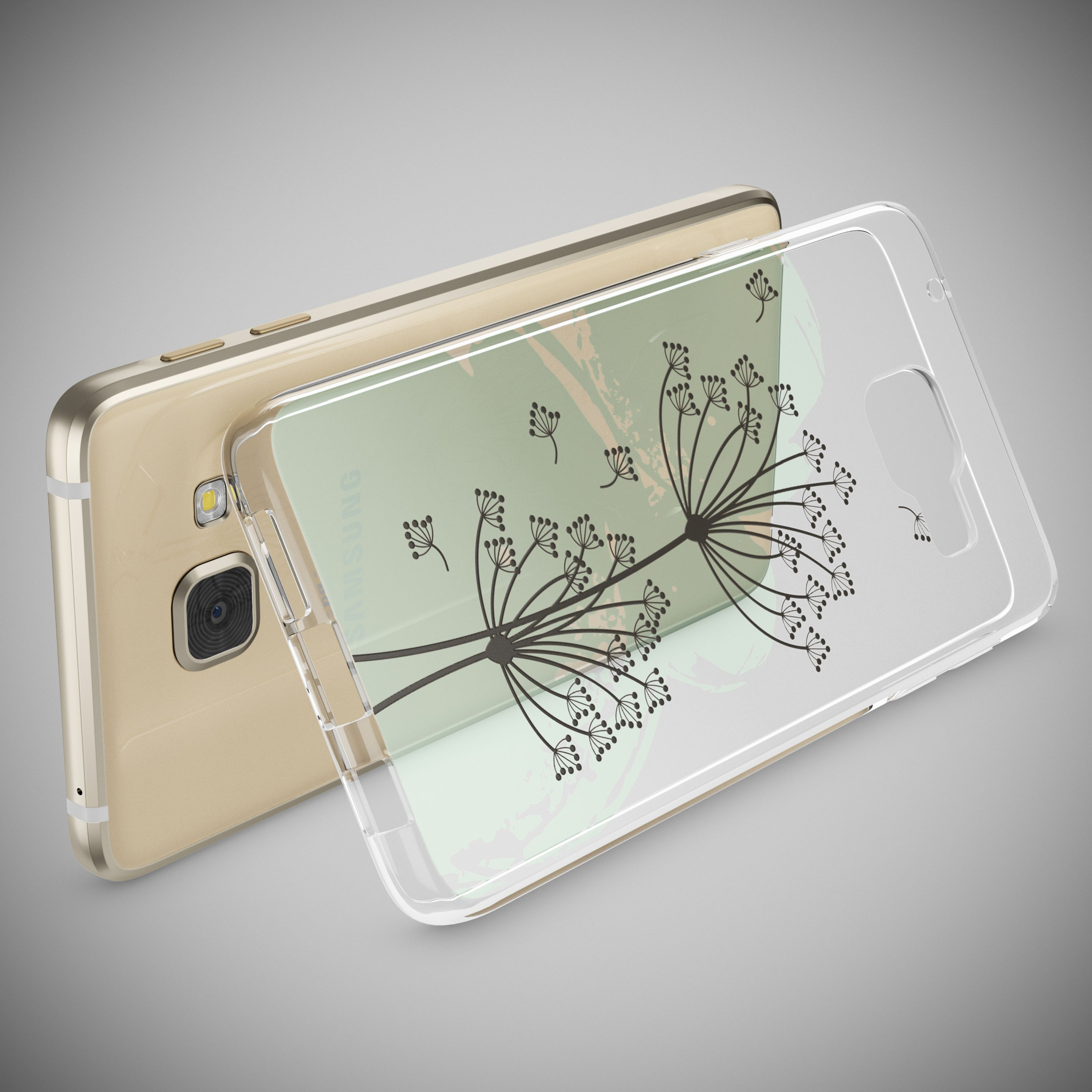 Goldfarbenes Smartphone mit transparentem Case mit floralem Muster.