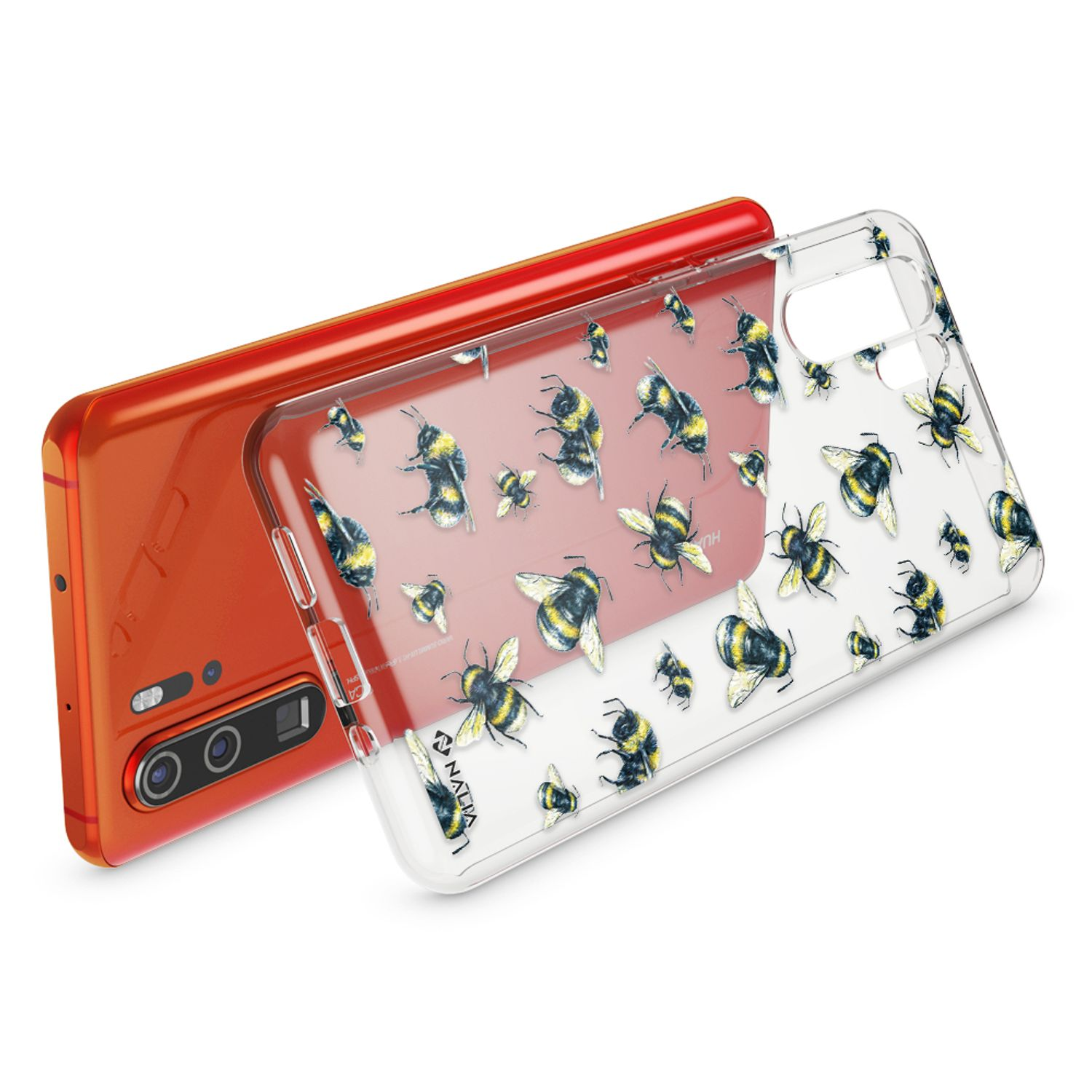 Orangefarbenes Smartphone mit einem transparenten Bienen-Schutzhülle.