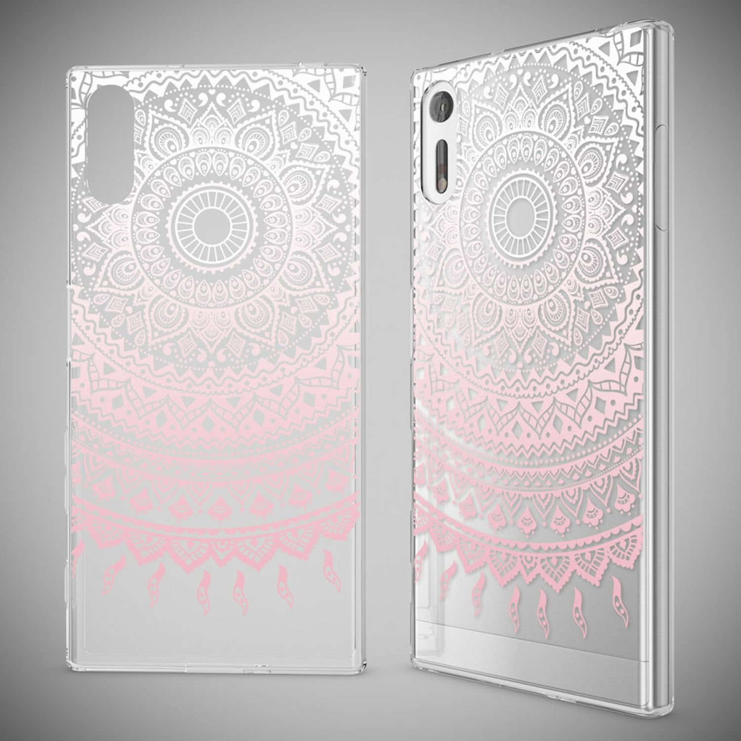 Transparente Hülle mit rosa Mandala-Design und Kameraaussparung.