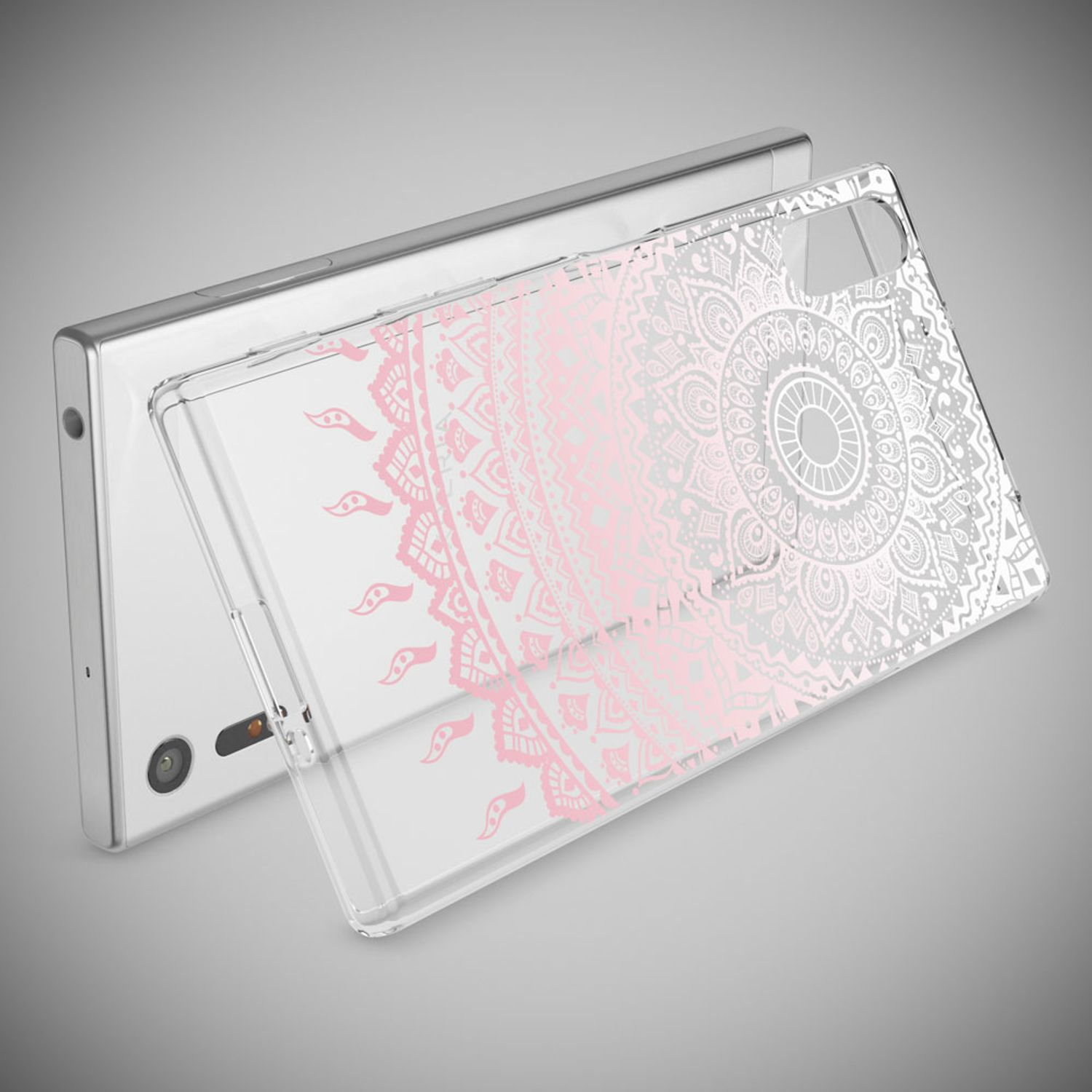 Eine durchsichtige Handyhülle mit rosa und silbernem Mandala-Design auf einem Handy.