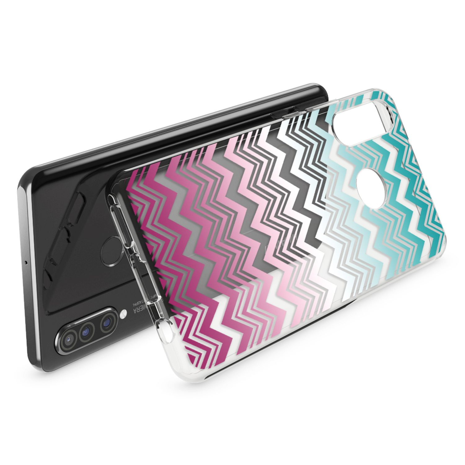 Uno smartphone con una cover con motivo a zigzag rosa, bianco e turchese.
