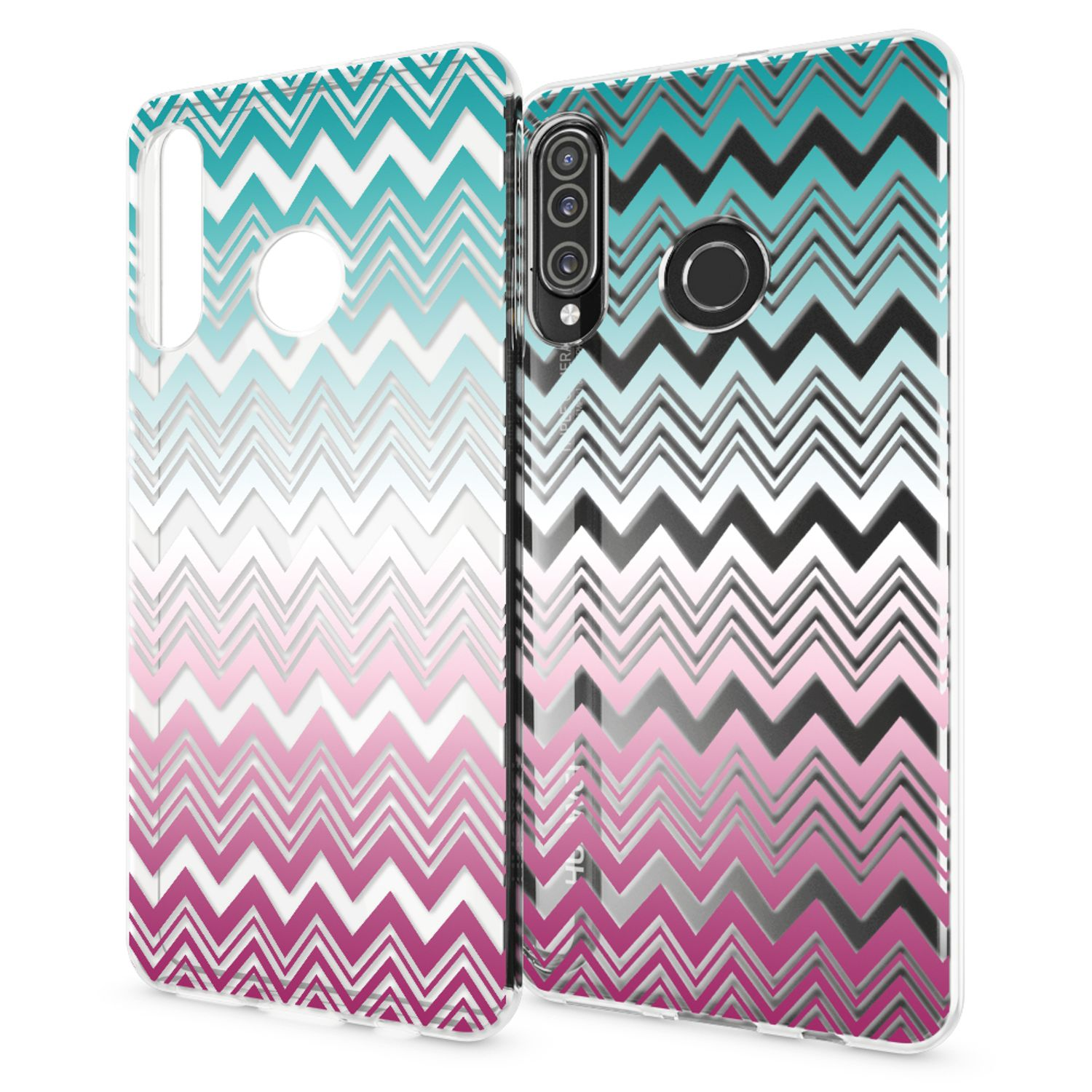 Due custodie per telefono con motivi a zig-zag blu-verde, bianco e rosa.