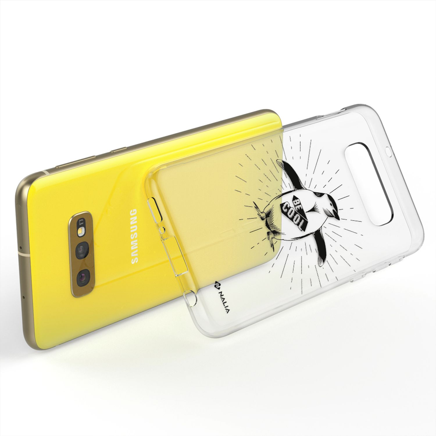 Ein gelbes Samsung-Handy mit einer durchsichtigen Hülle mit Pinguinmotiv.