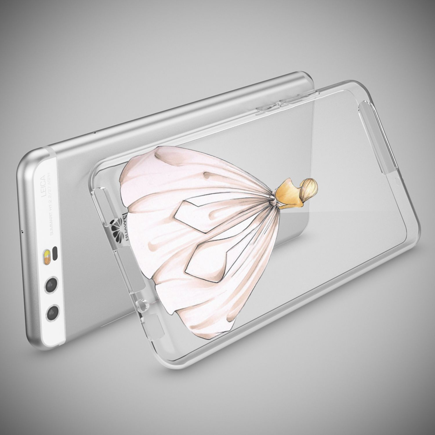 Una cover trasparente per telefono mostra uno schizzo di un abito color pesca fluttuante su un telefono argentato.