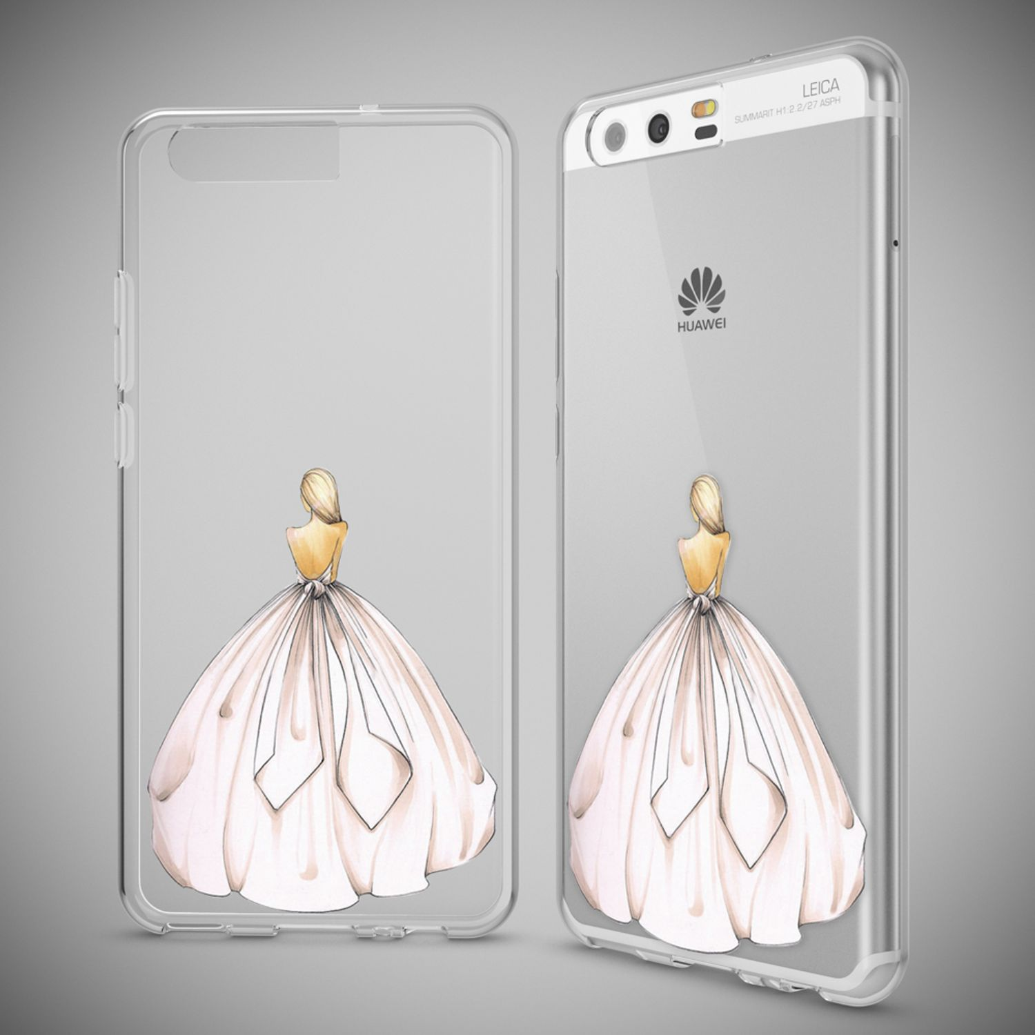 Due custodie trasparenti per telefono con il disegno di una donna in abito da sposa.
