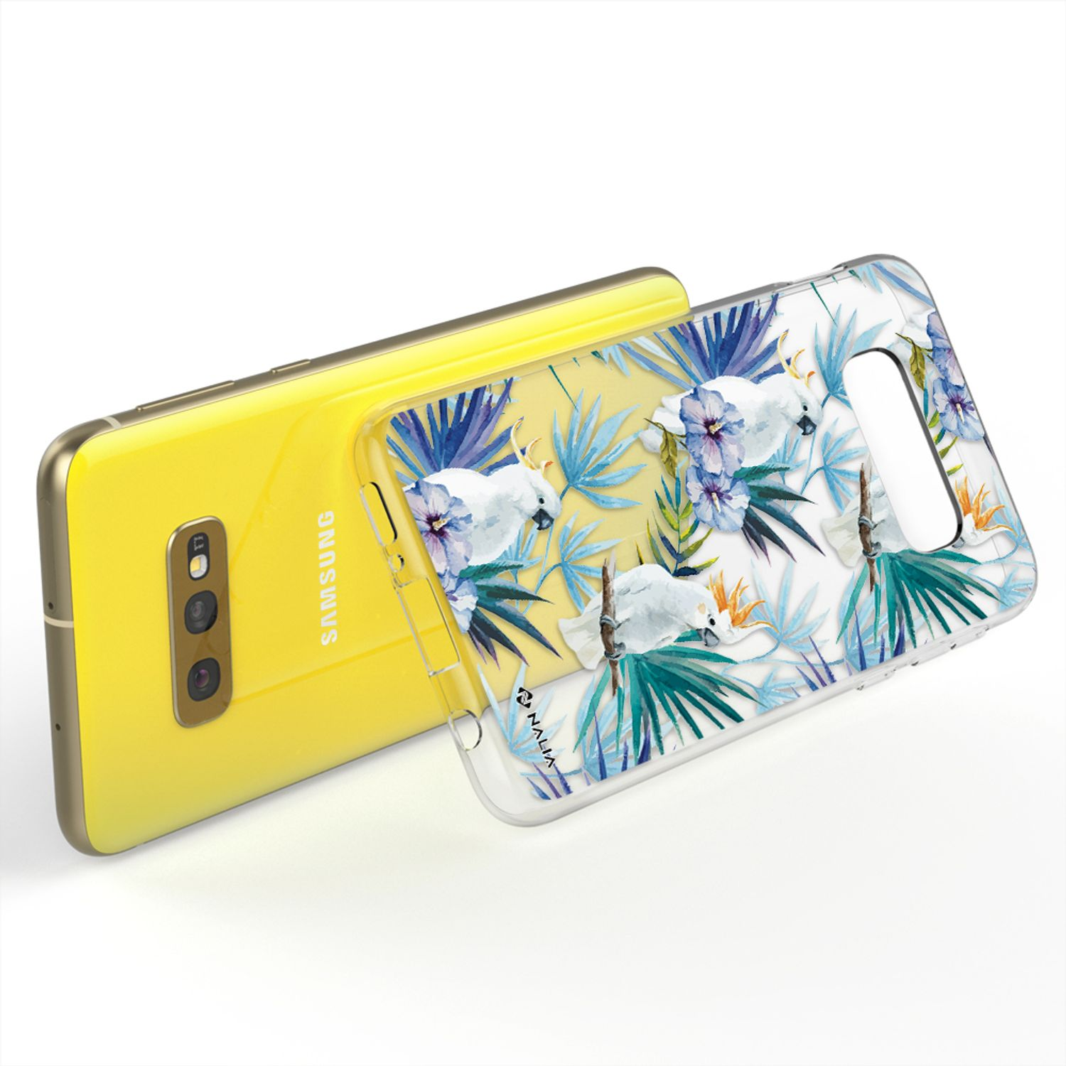 Gelbes Smartphone mit transparentem Hülle mit Kakadu- und Blumenmuster.