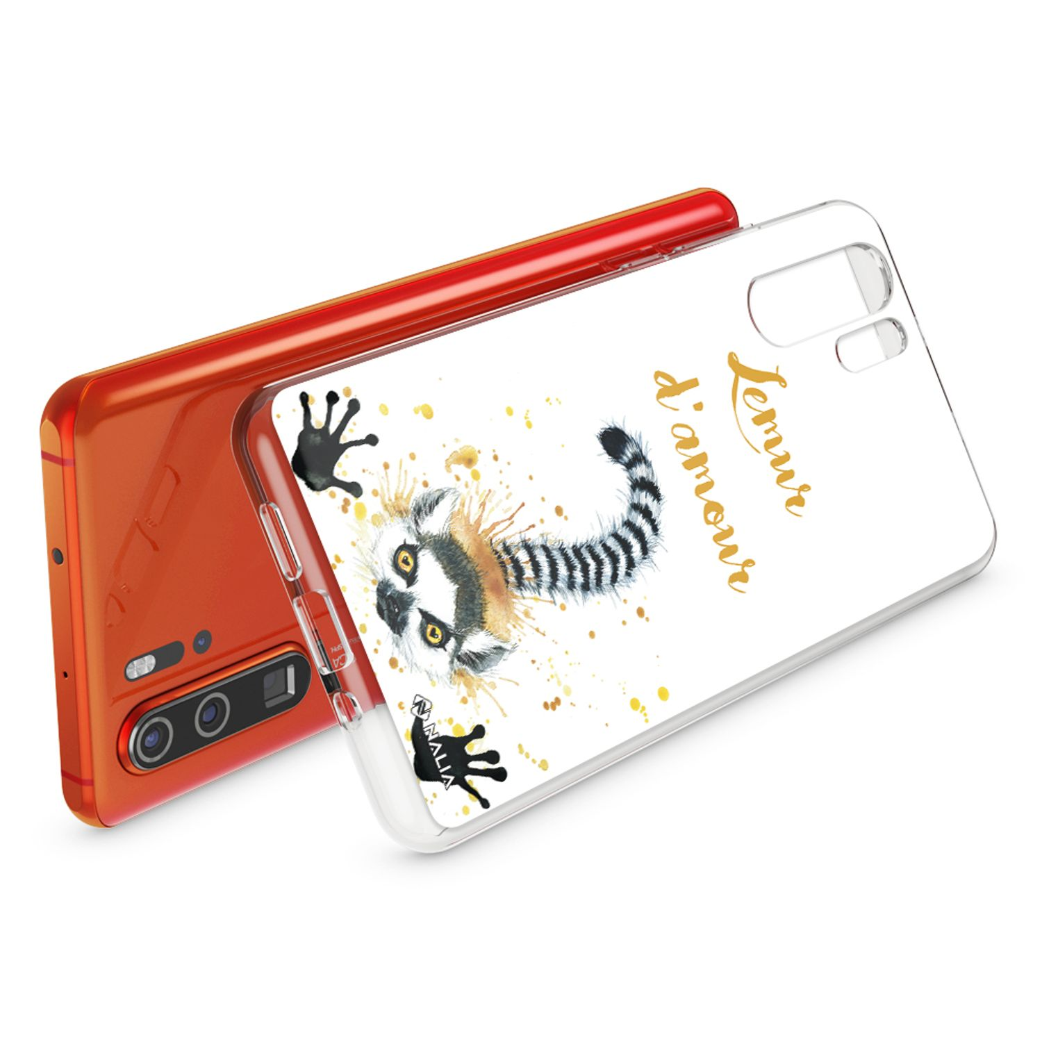 Telefono arancione con cover trasparente, design lemure e testo dorato.