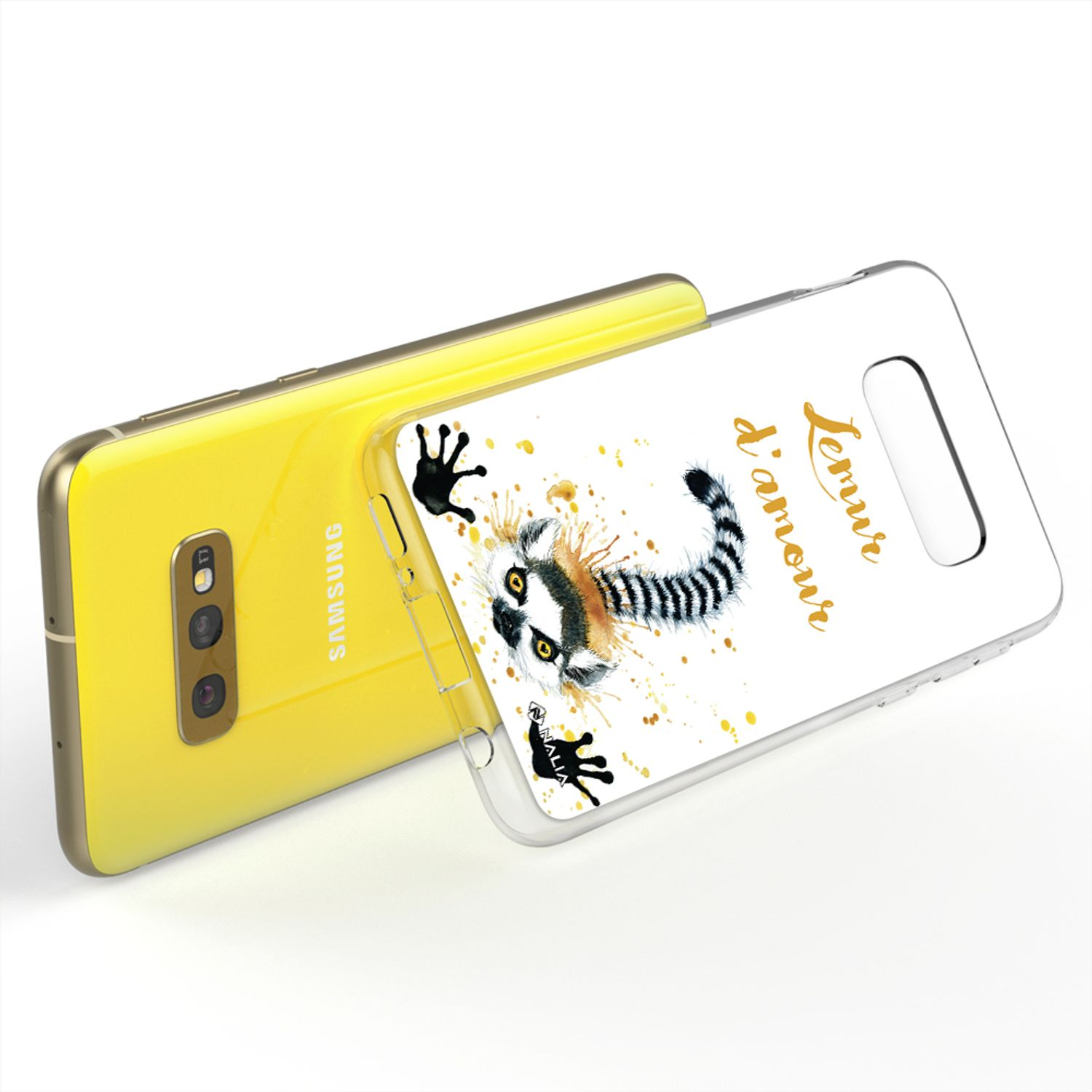 Ein gelbes Samsung-Handy mit einer transparenten Hülle mit einem Aquarell-Lemur und goldener Schrift.