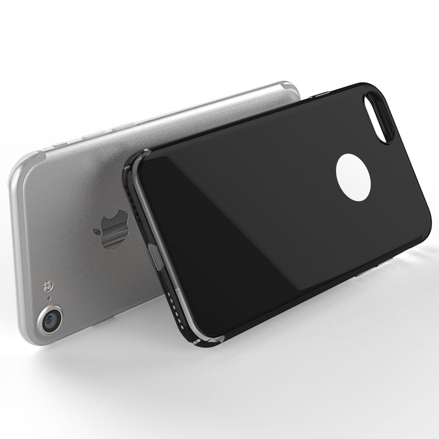 Ein silbernes iPhone liegt neben einer schwarzen Hülle. Ein Apfel-Logo ist sichtbar.