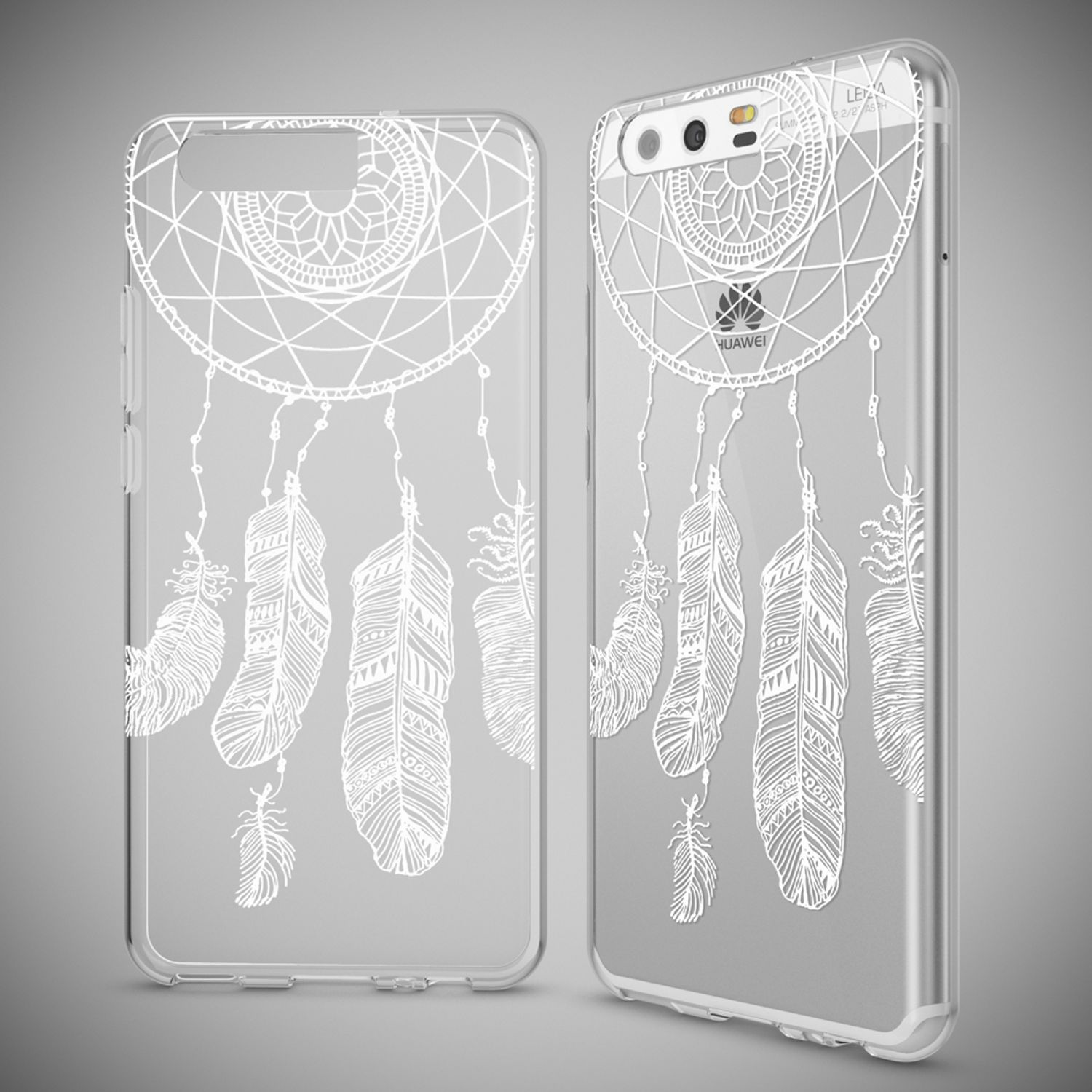 Transparente Handyhülle mit weißem Feder- und Traumfänger-Design.