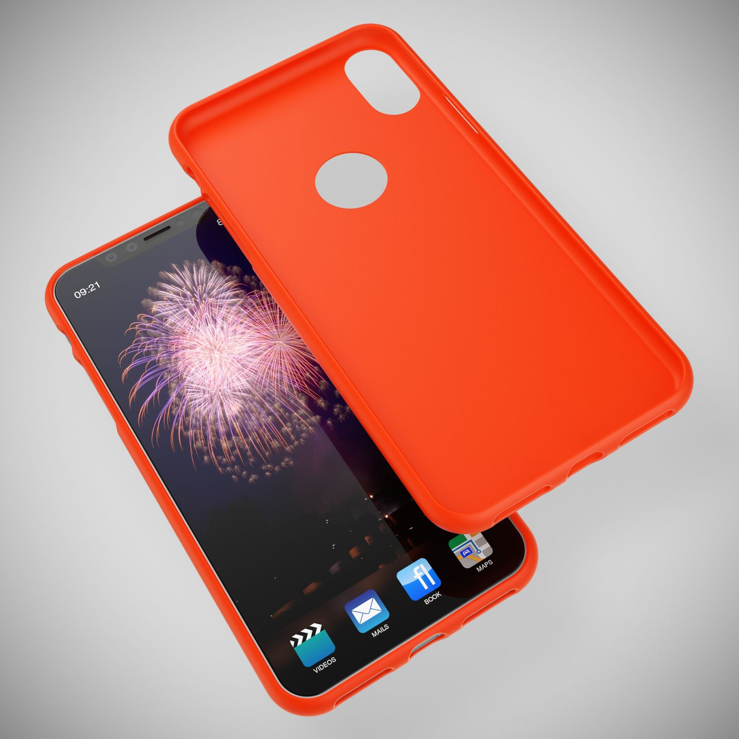 Custodia arancione su smartphone con fuochi d'artificio. Icone visibili.