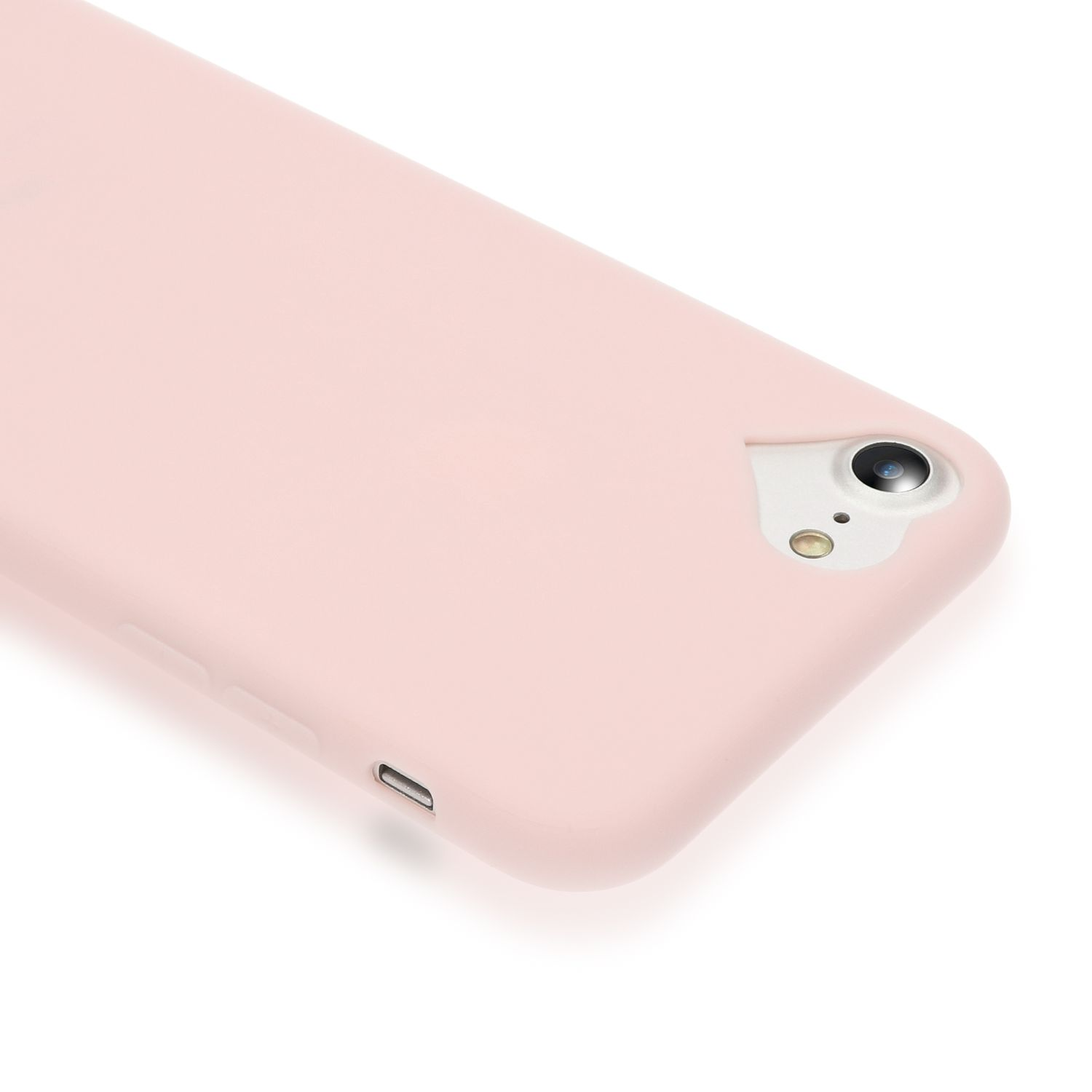 Una custodia rosa per telefono con fotocamera e porta di ricarica su sfondo bianco.