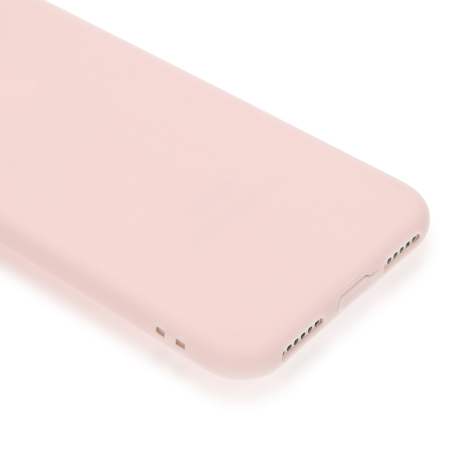 Una cover rosa chiaro per telefono su sfondo bianco, con ritagli per le porte.