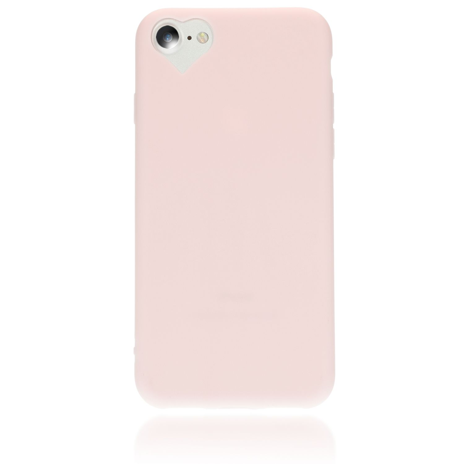 Una cover rosa per telefono con ritaglio a forma di cuore per fotocamera.