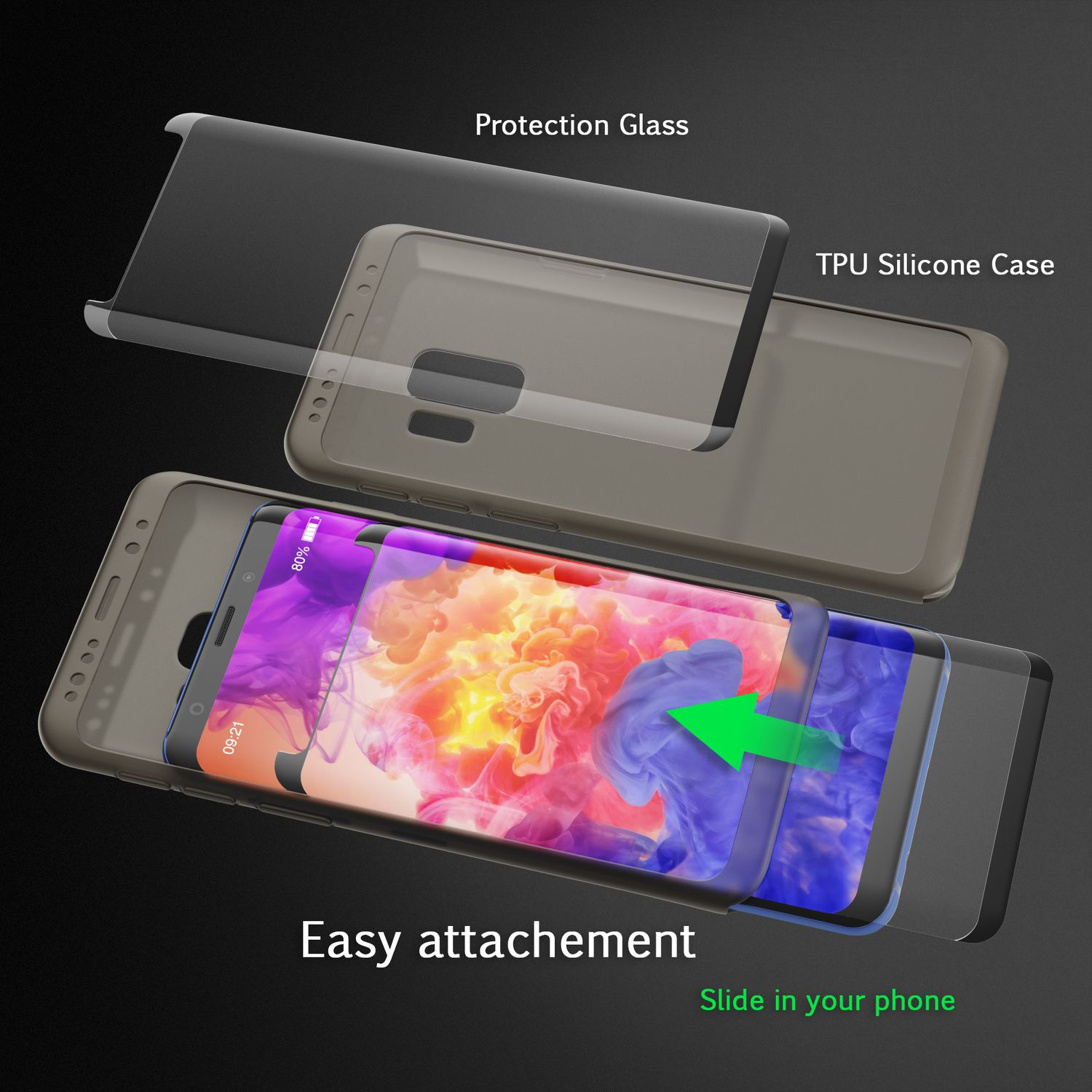 Schutzglas und TPU-Silikonhülle für ein Smartphone, die leicht angebracht werden.