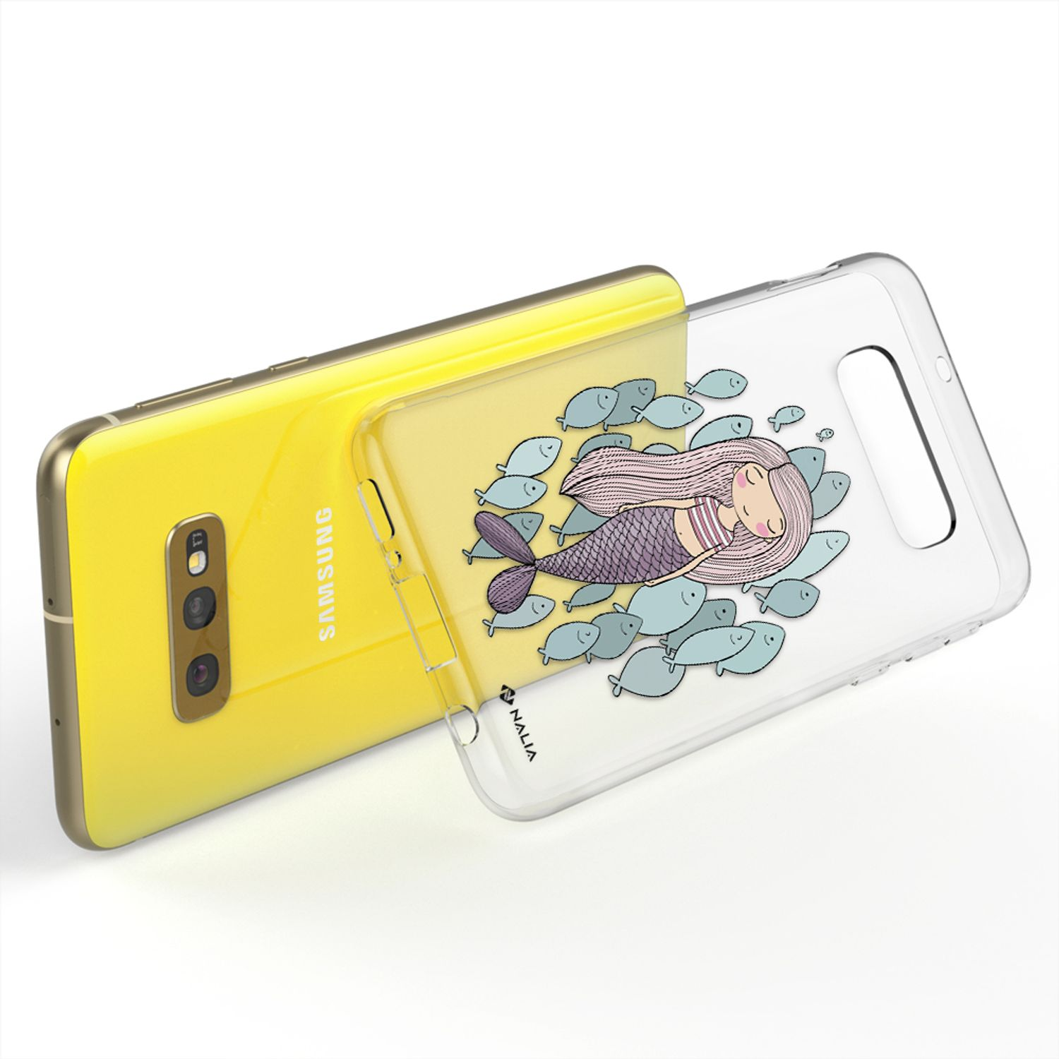 Ein gelbes Samsung-Smartphone mit einer durchsichtigen Hülle, die eine Meerjungfrau umgeben von Fischen zeigt.