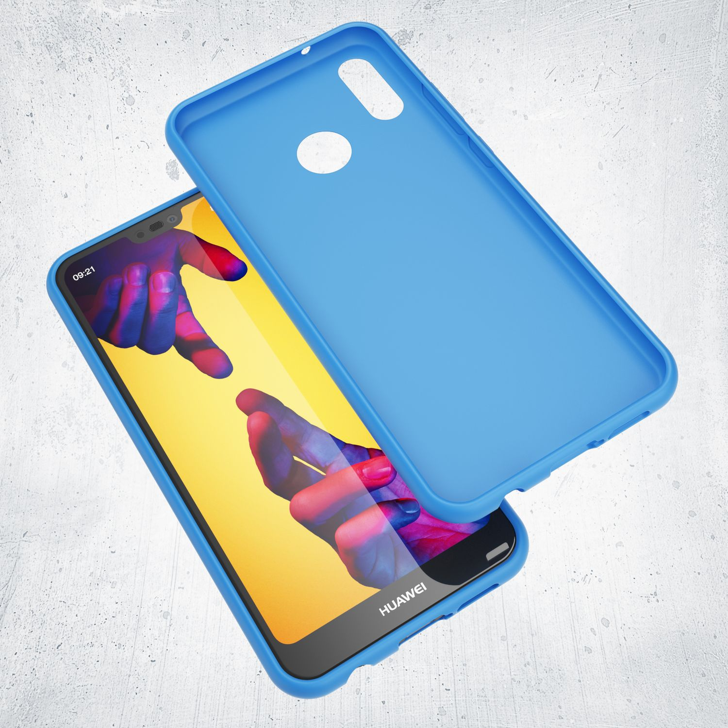 Eine blaue Handyhülle schwebt über einem Smartphone, das zwei Hände zeigt.